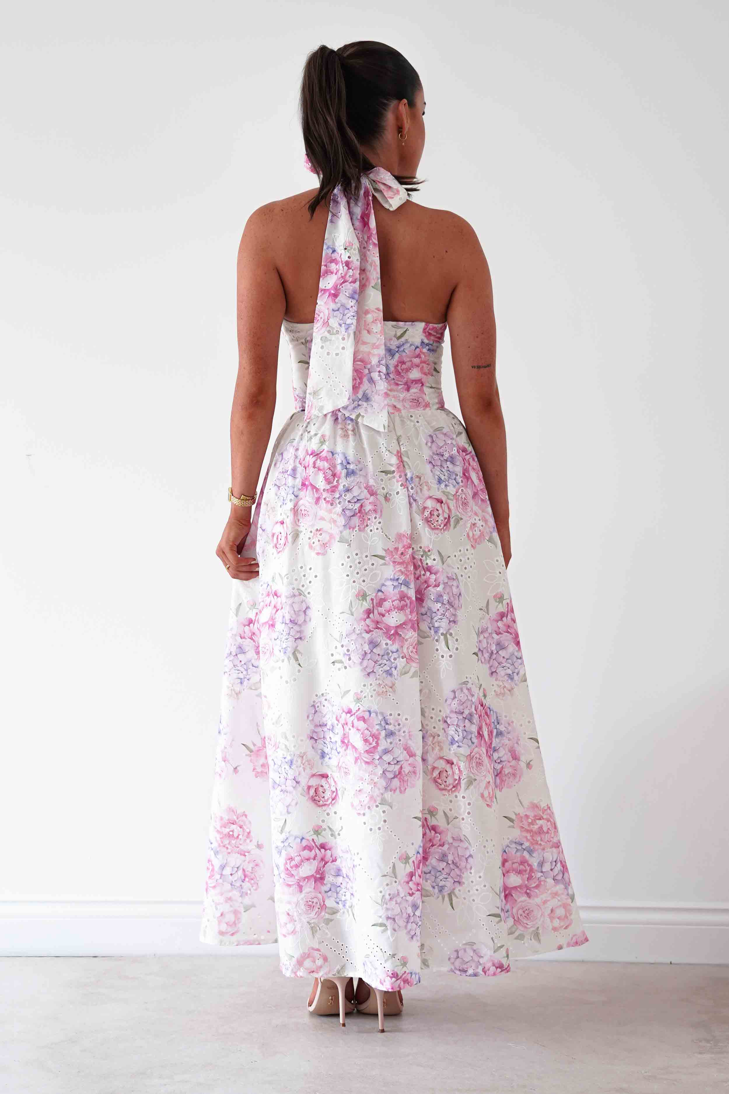 Oh Hello Clothing Women > Clothing > Dresses Alicia Broderie Floral Halterneck Midaxi Dress | White/Pink
