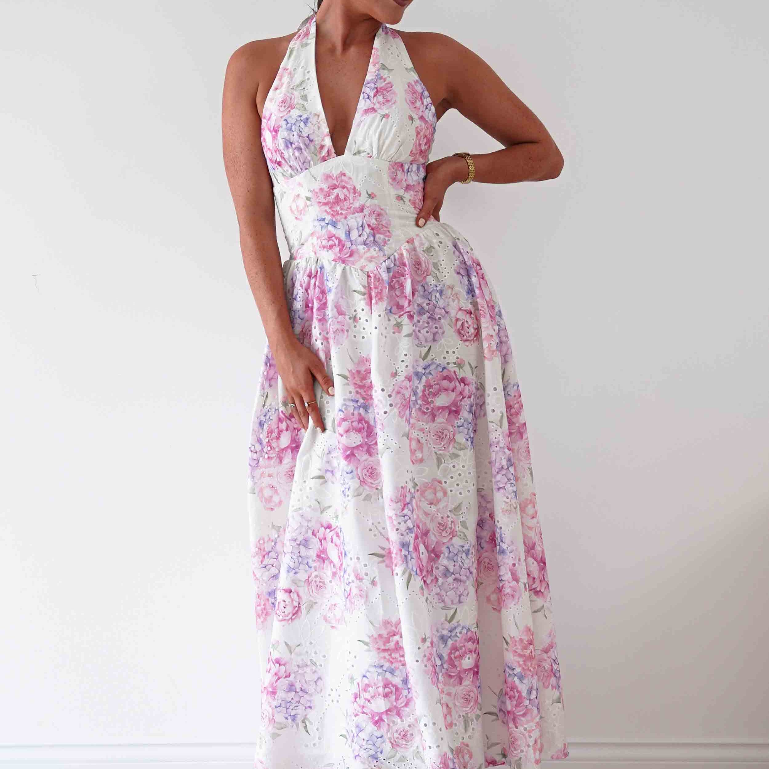 Oh Hello Clothing Women > Clothing > Dresses Alicia Broderie Floral Halterneck Midaxi Dress | White/Pink