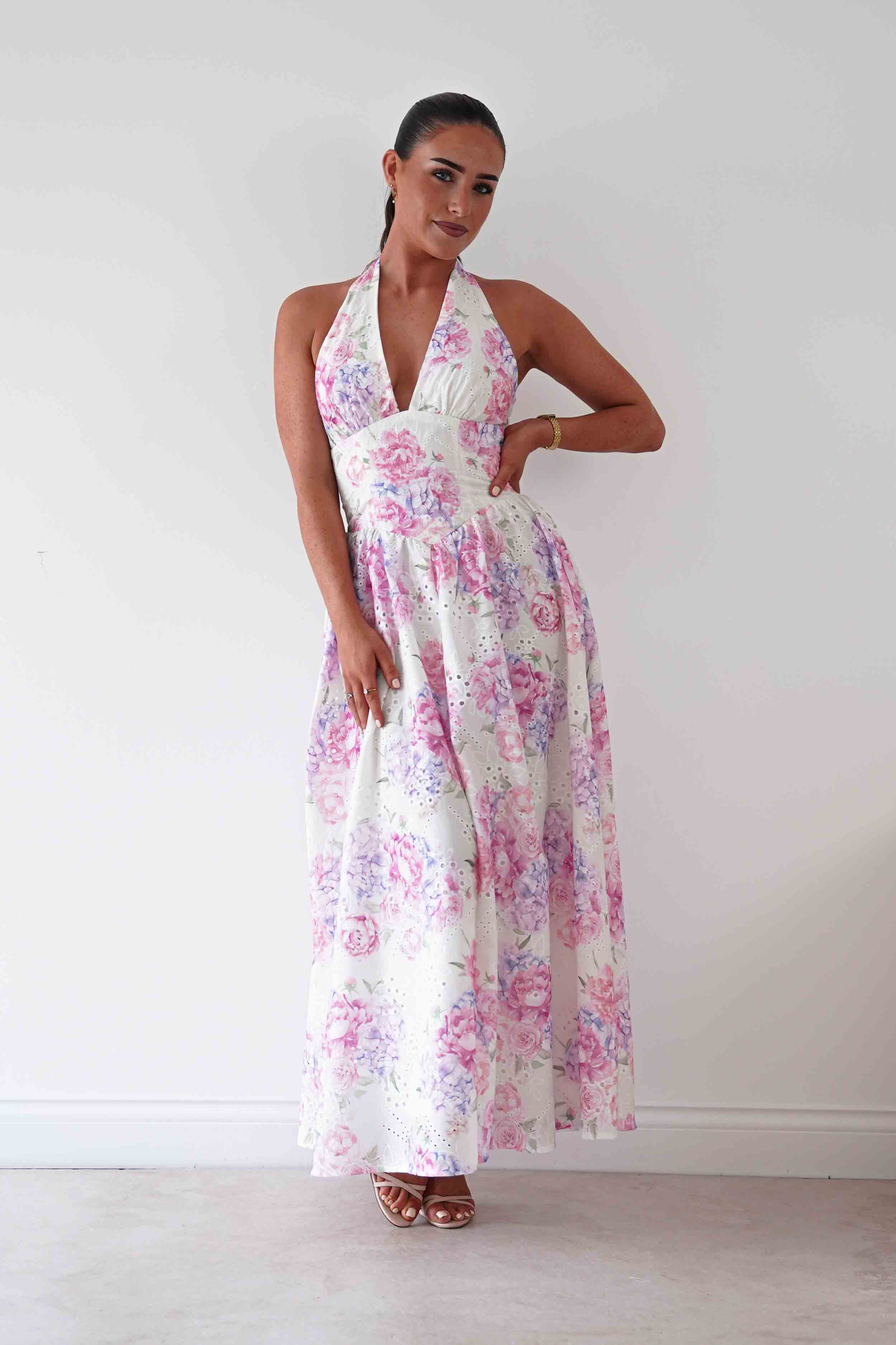 Oh Hello Clothing Women > Clothing > Dresses Alicia Broderie Floral Halterneck Midaxi Dress | White/Pink