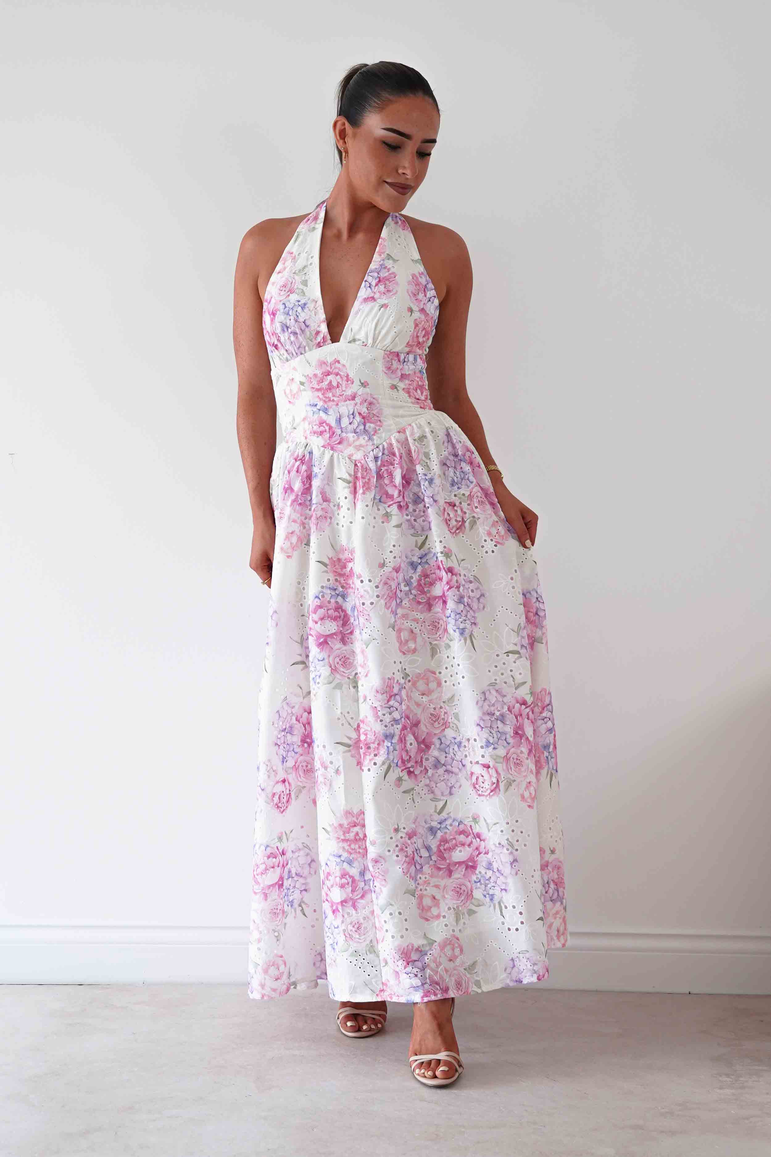 Oh Hello Clothing Women > Clothing > Dresses Alicia Broderie Floral Halterneck Midaxi Dress | White/Pink