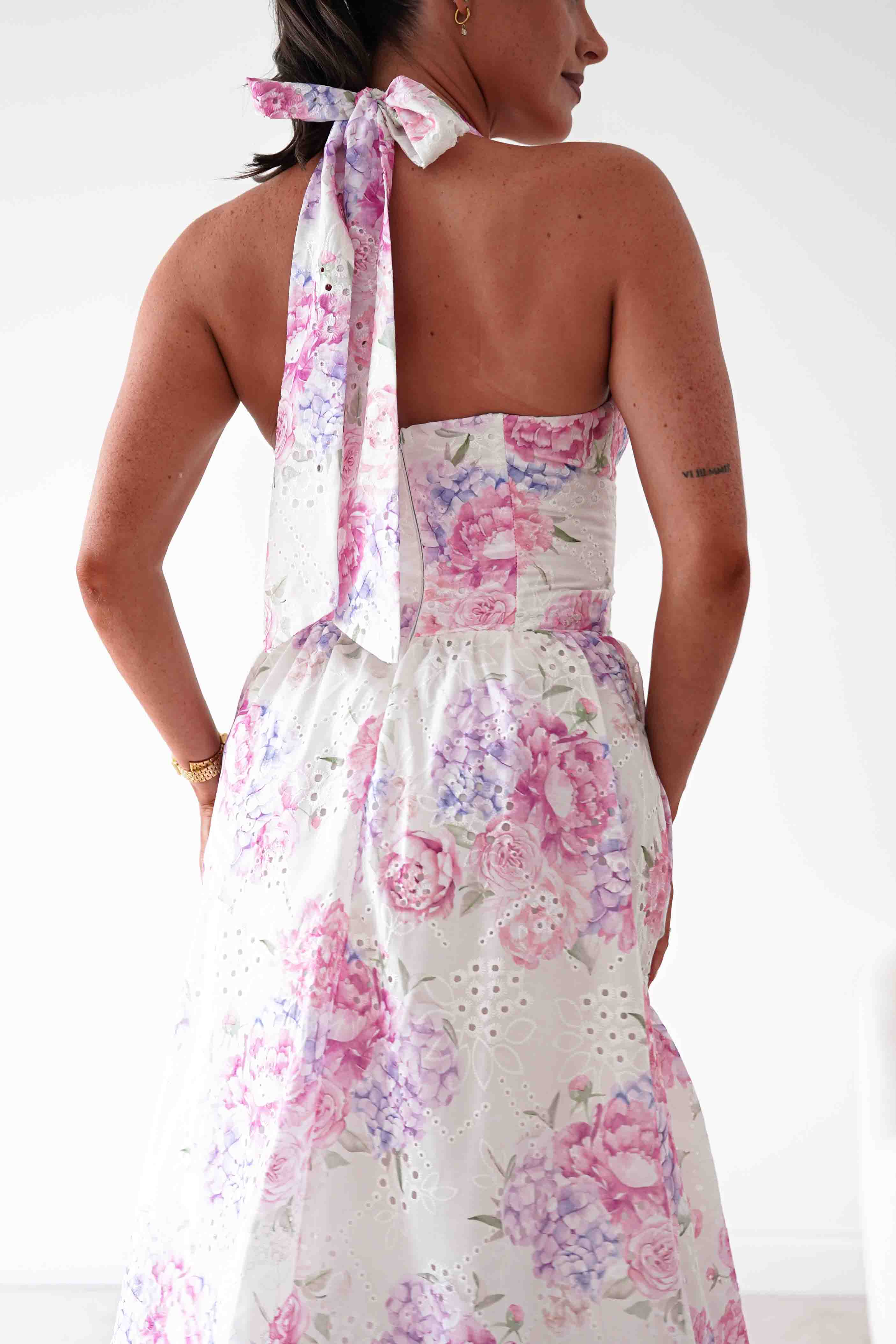 Oh Hello Clothing Women > Clothing > Dresses Alicia Broderie Floral Halterneck Midaxi Dress | White/Pink