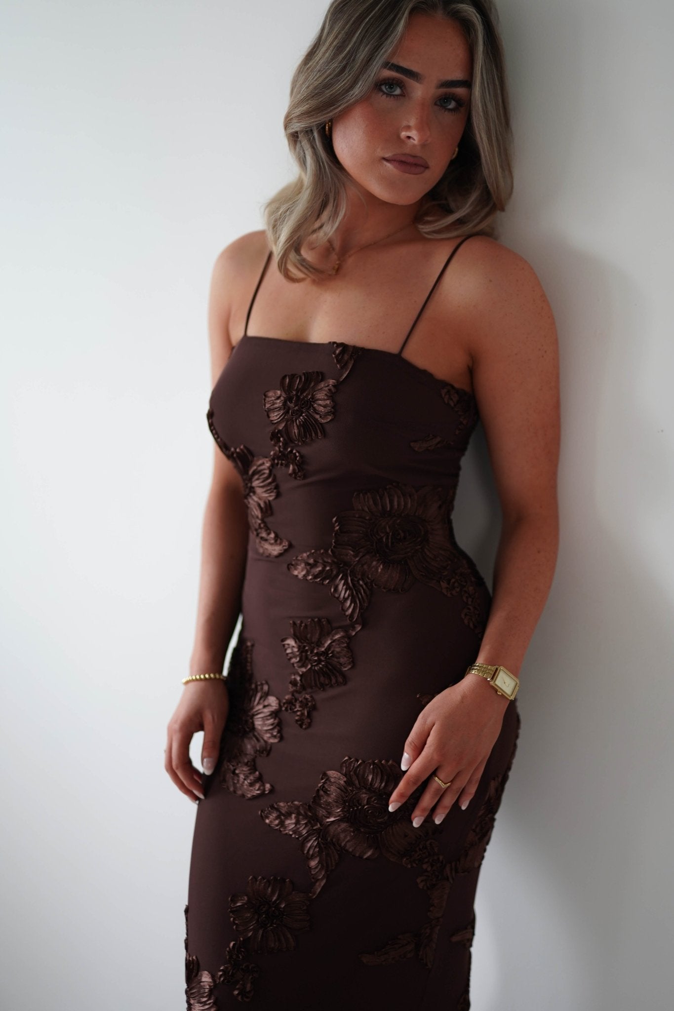 Alvana Floral Appliqué Maxi Dress Brown | Wedding Guest Dress | Maxi | Oh Hello Clothing