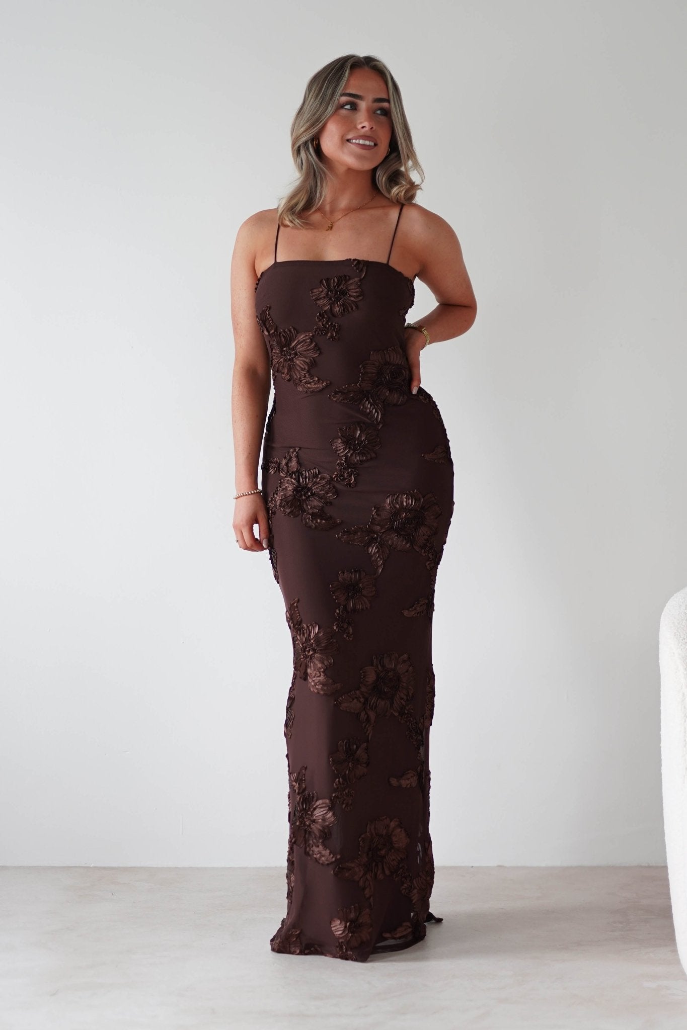 Alvana Floral Appliqué Maxi Dress Brown | Wedding Guest Dress | Maxi | Oh Hello Clothing