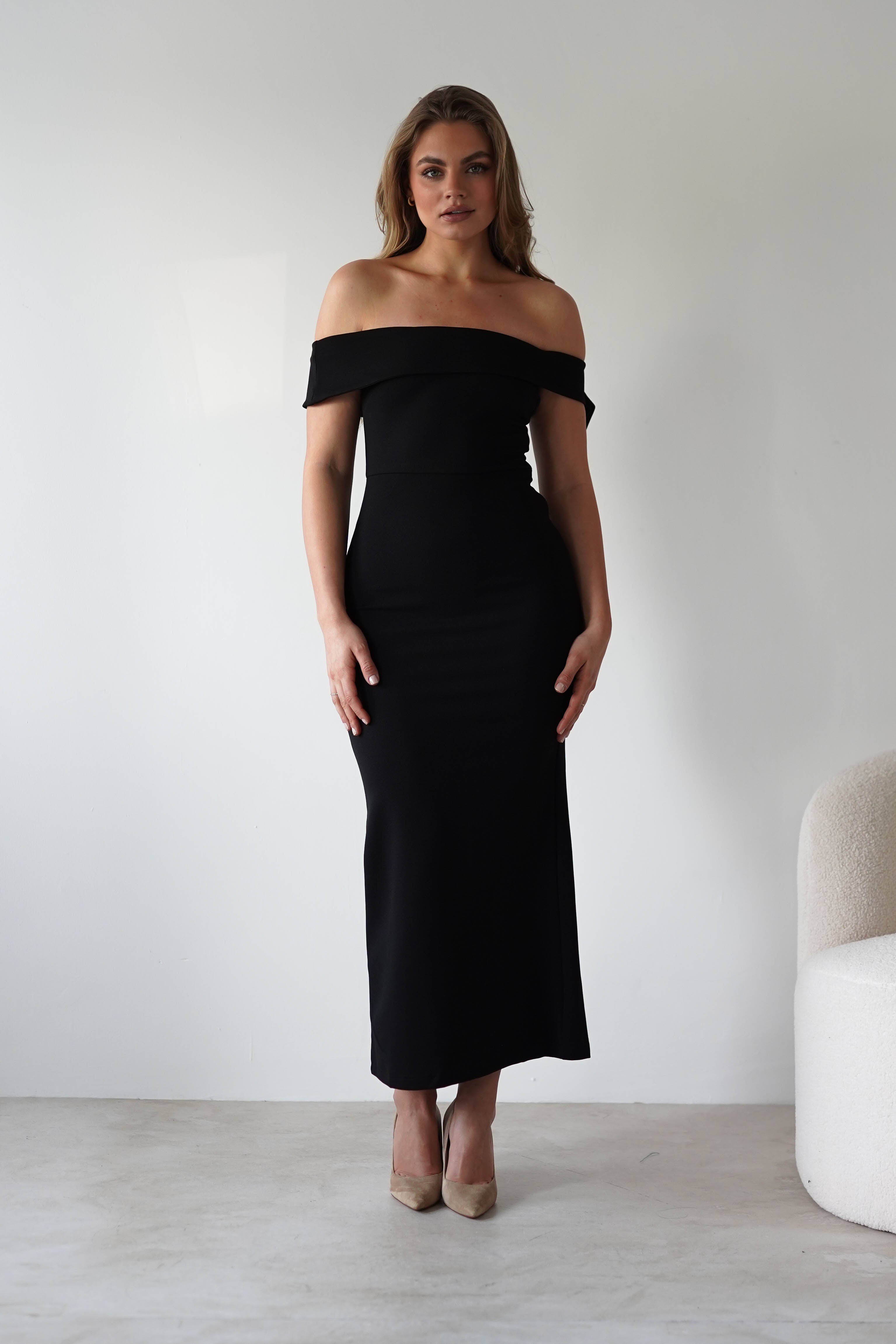 Amalthea Off the Shoulder Midaxi Black | Wedding Guest Dress | Off Shoulder | Oh Hello Clothing