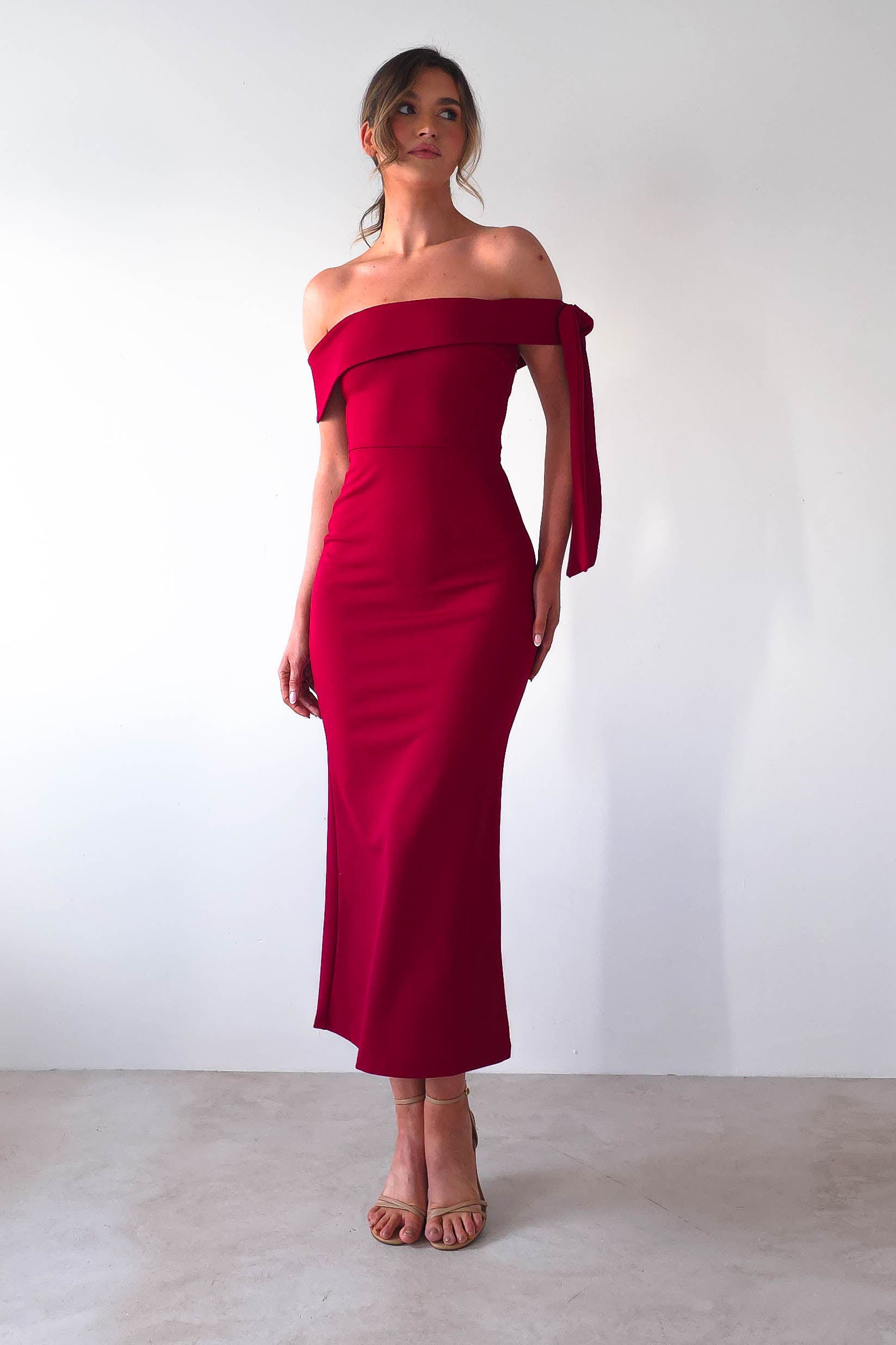Amalthea Off the Shoulder Midaxi Dark Red | Wedding Guest Dress | Off Shoulder | Oh Hello Clothing