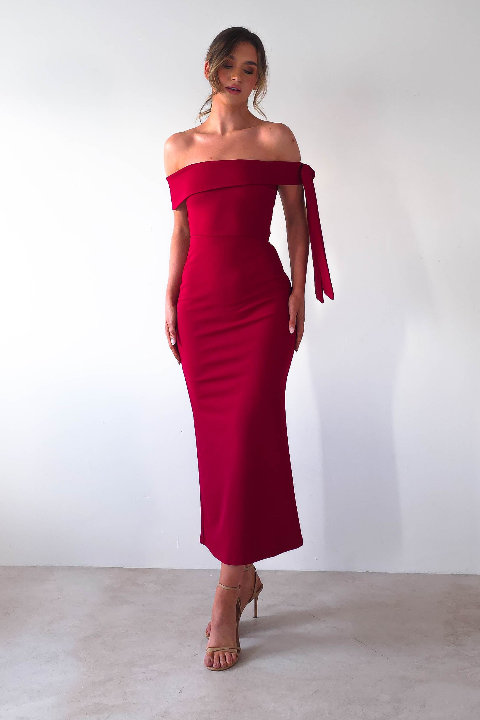 Amalthea Off the Shoulder Midaxi Dark Red | Wedding Guest Dress | Off Shoulder | Oh Hello Clothing
