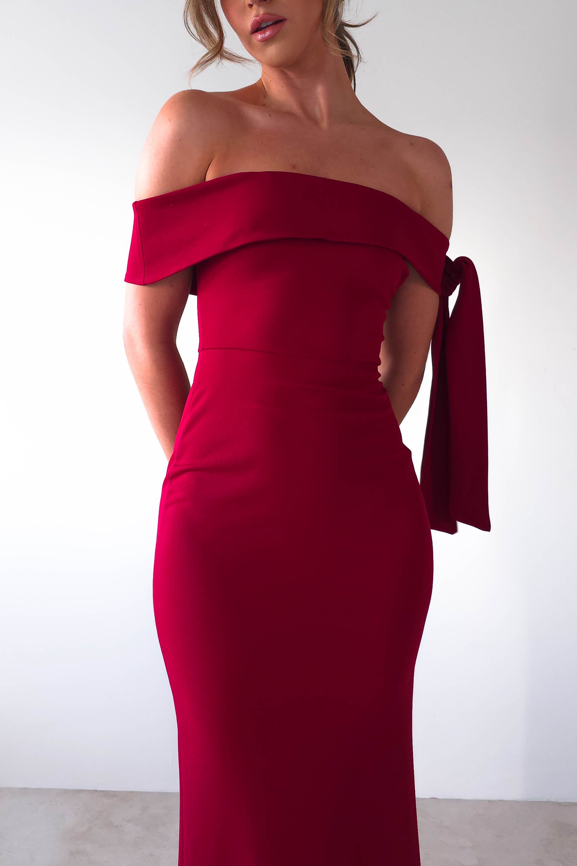 Amalthea Off the Shoulder Midaxi Dark Red | Wedding Guest Dress | Off Shoulder | Oh Hello Clothing