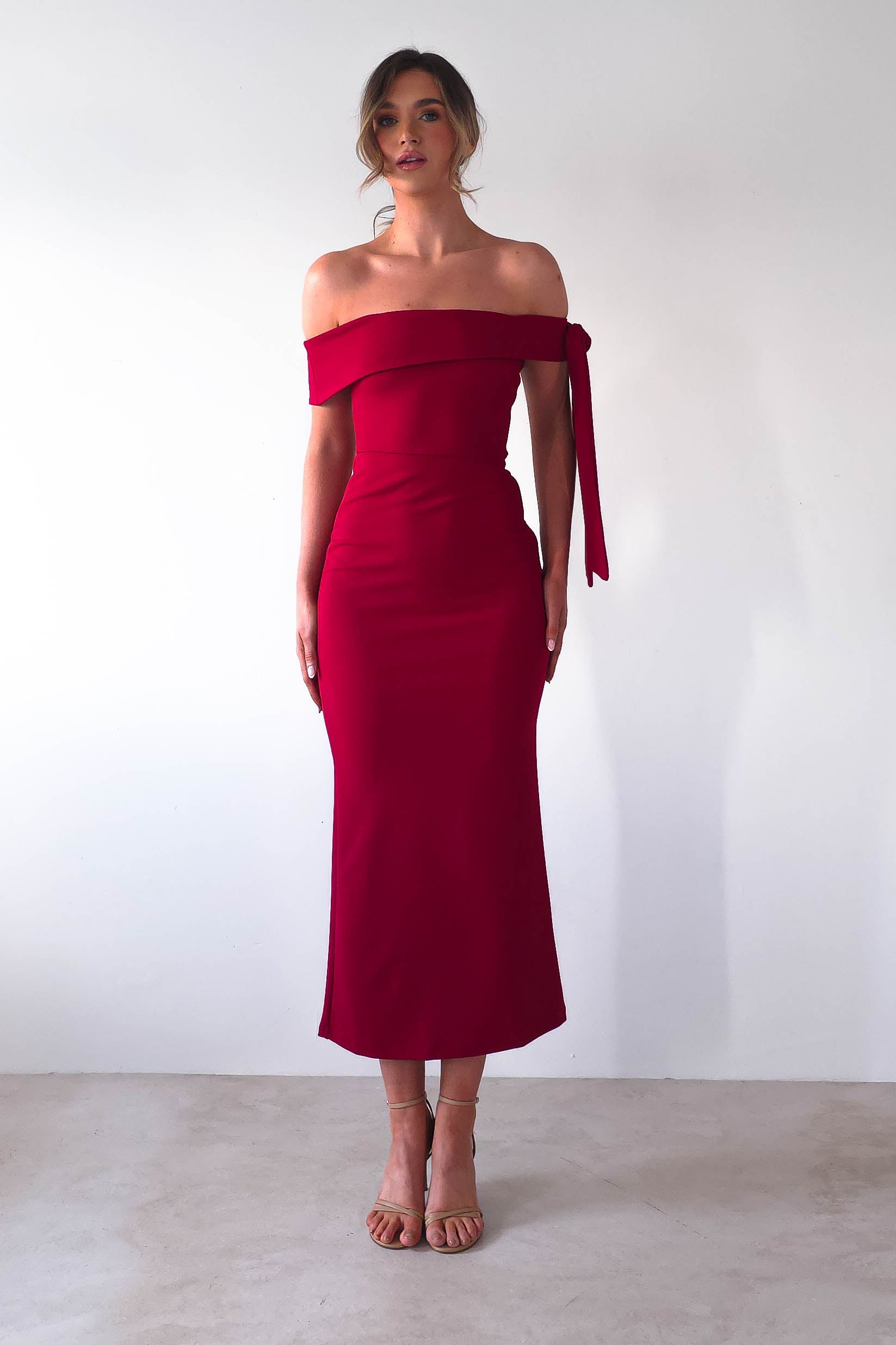 Amalthea Off the Shoulder Midaxi Dark Red | Wedding Guest Dress | Off Shoulder | Oh Hello Clothing