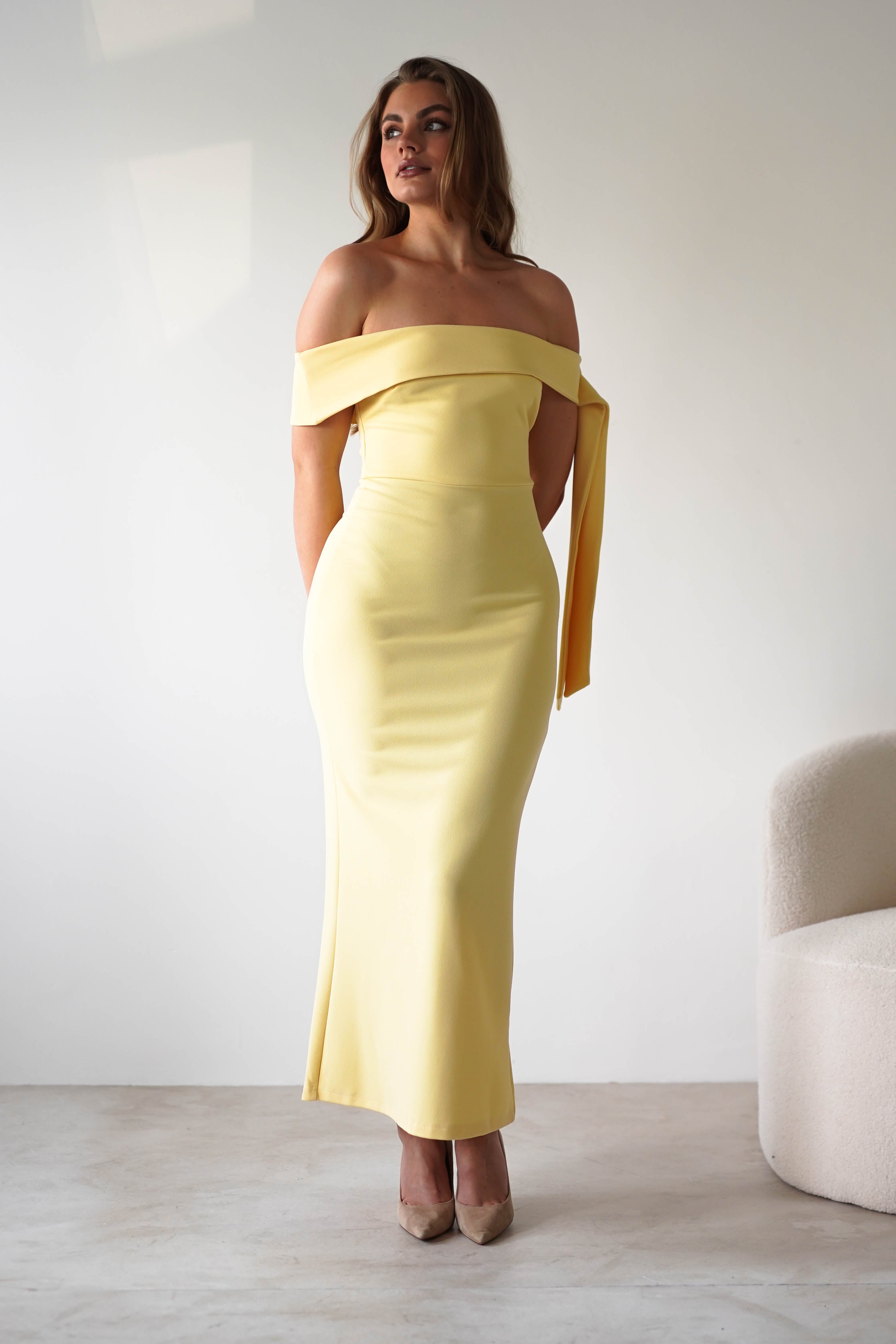 Amalthea Off the Shoulder Midaxi Yellow | Wedding Guest Dress | Off Shoulder | Oh Hello Clothing