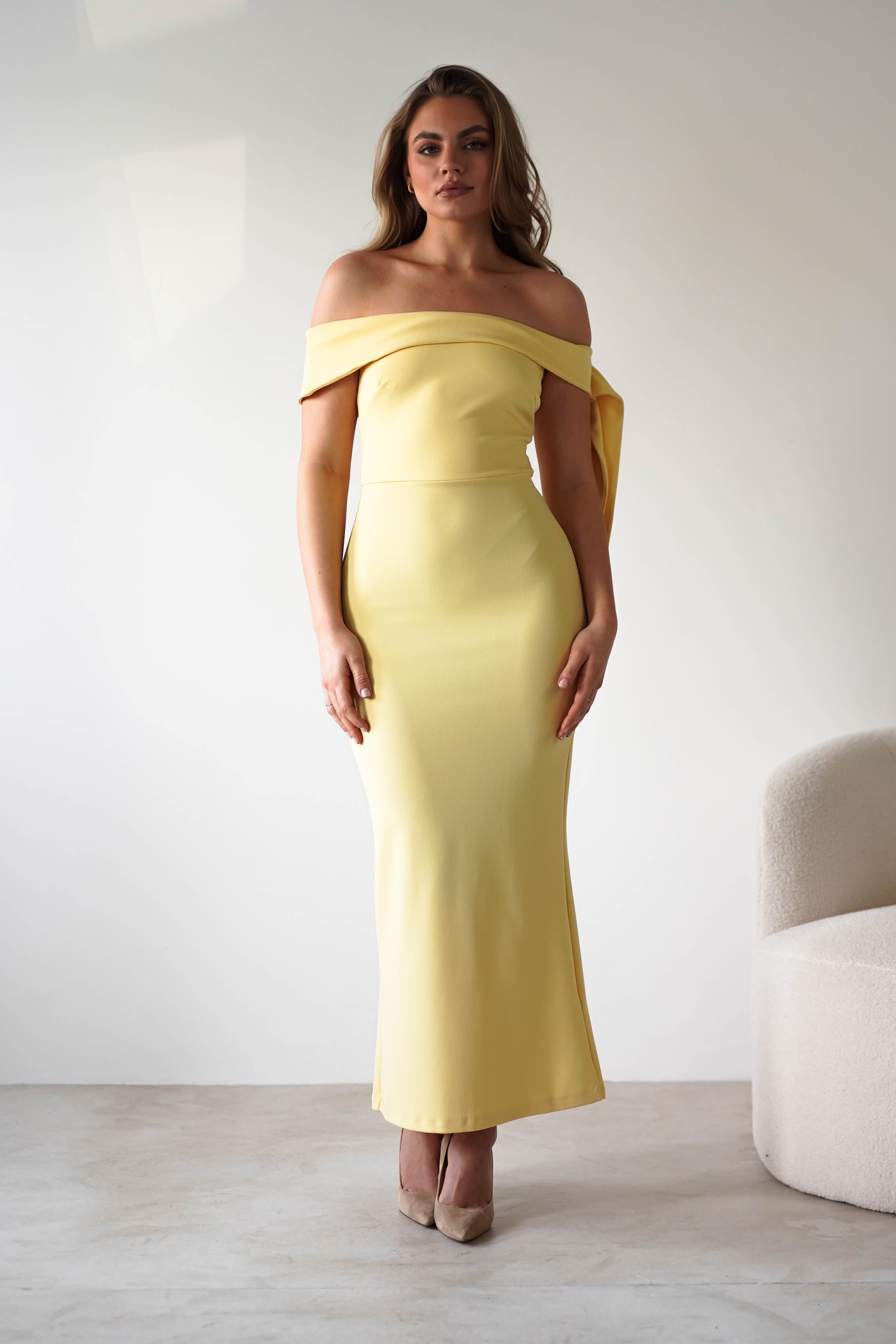 Amalthea Off the Shoulder Midaxi Yellow | Wedding Guest Dress | Off Shoulder | Oh Hello Clothing