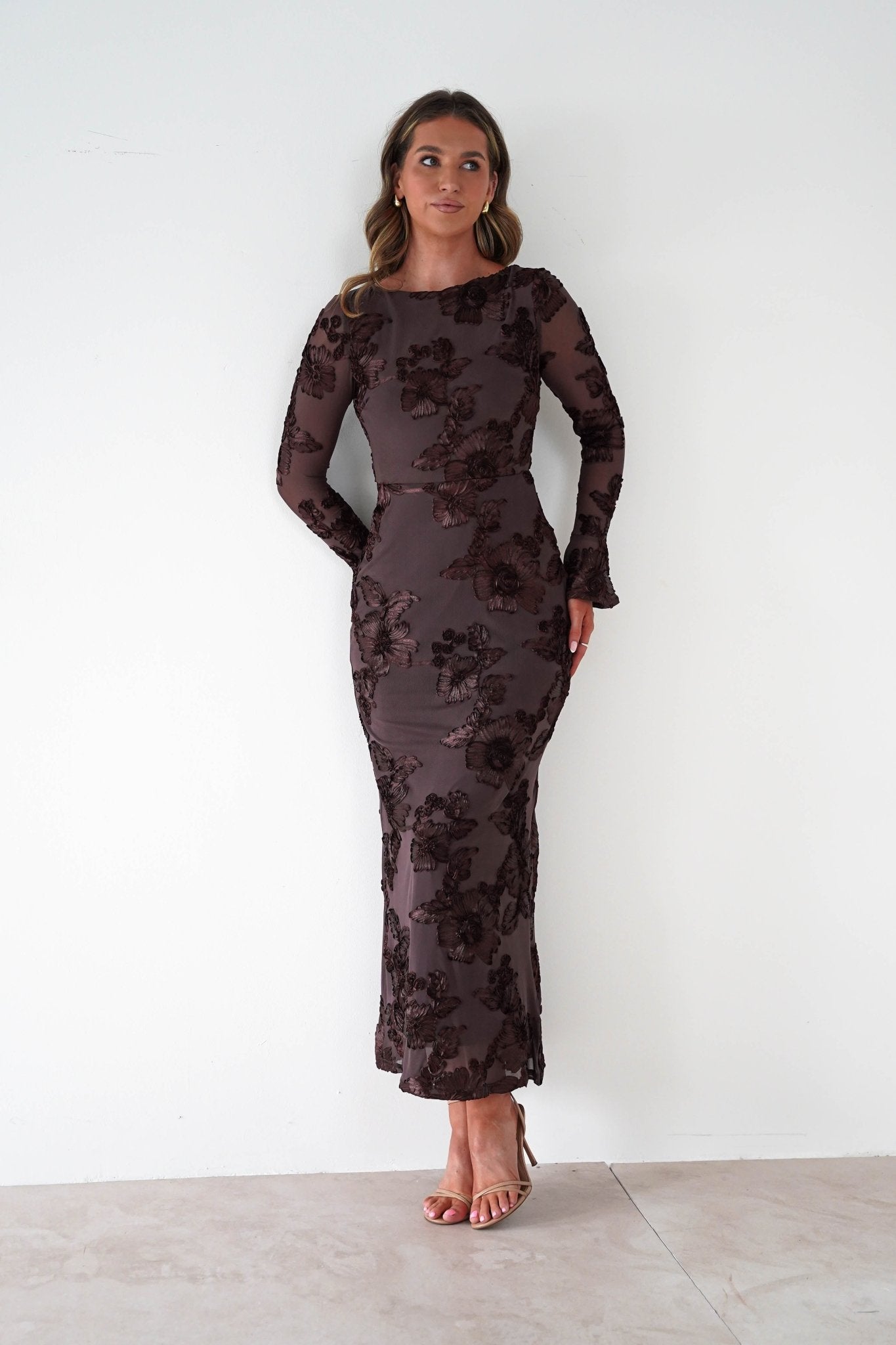 Amelita Long Sleeve Textured Maxi Dress Brown | Wedding Guest Dress | Long Sleeve | Maxi | Oh Hello Clothing