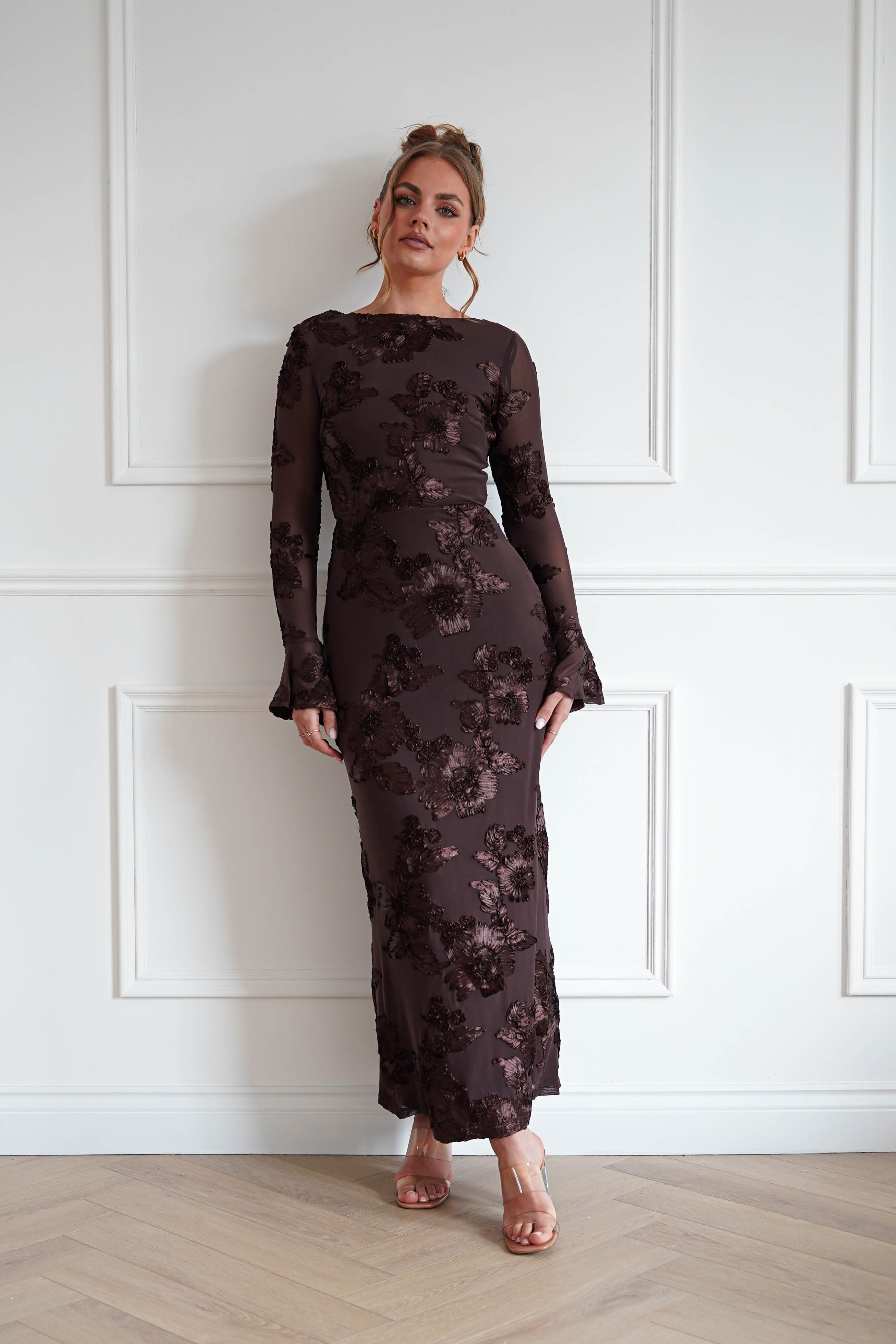Oh Hello Clothing Women > Clothing > Dresses Amelita Long Sleeve Textured Maxi Dress | Brown