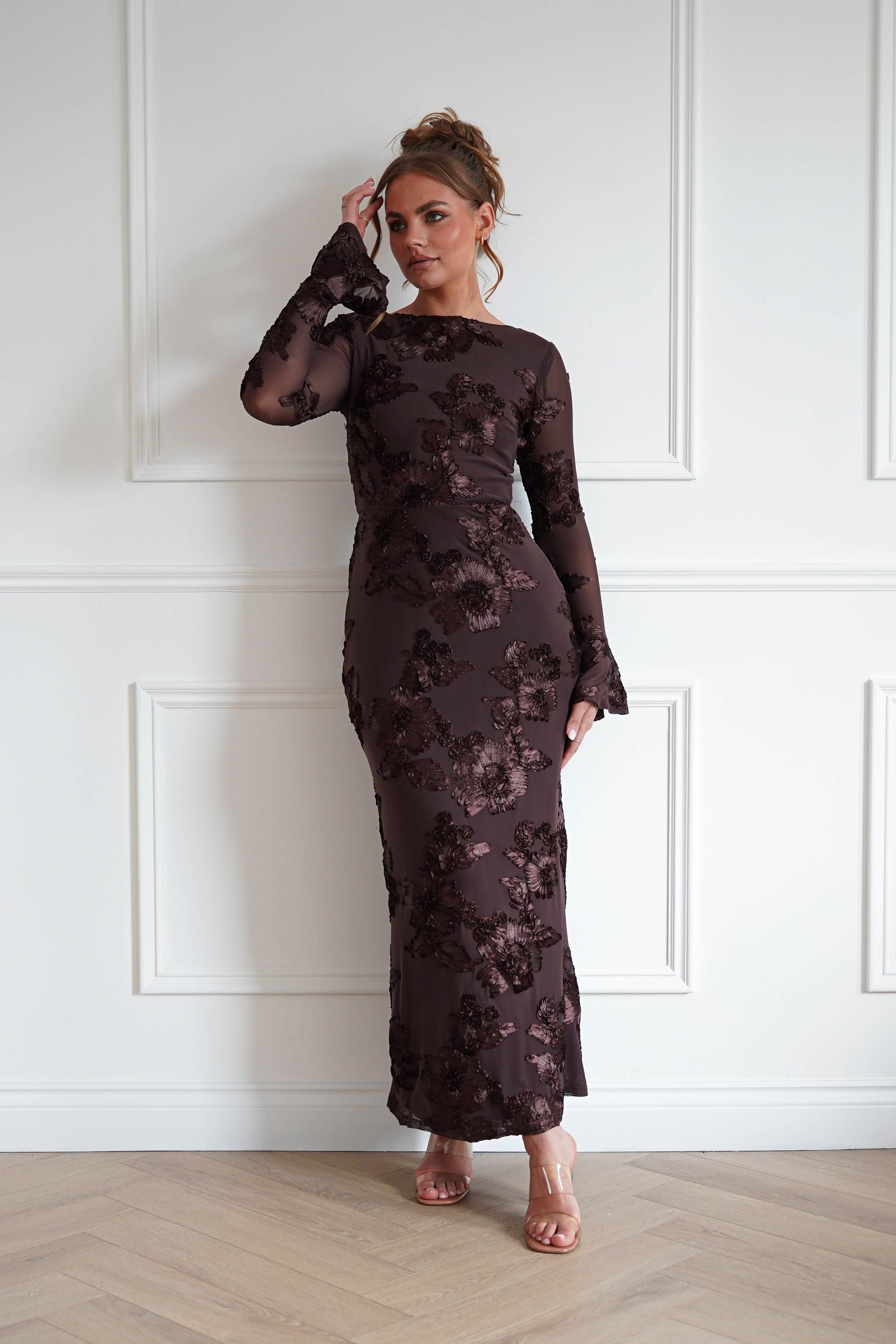 Oh Hello Clothing Women > Clothing > Dresses Amelita Long Sleeve Textured Maxi Dress | Brown
