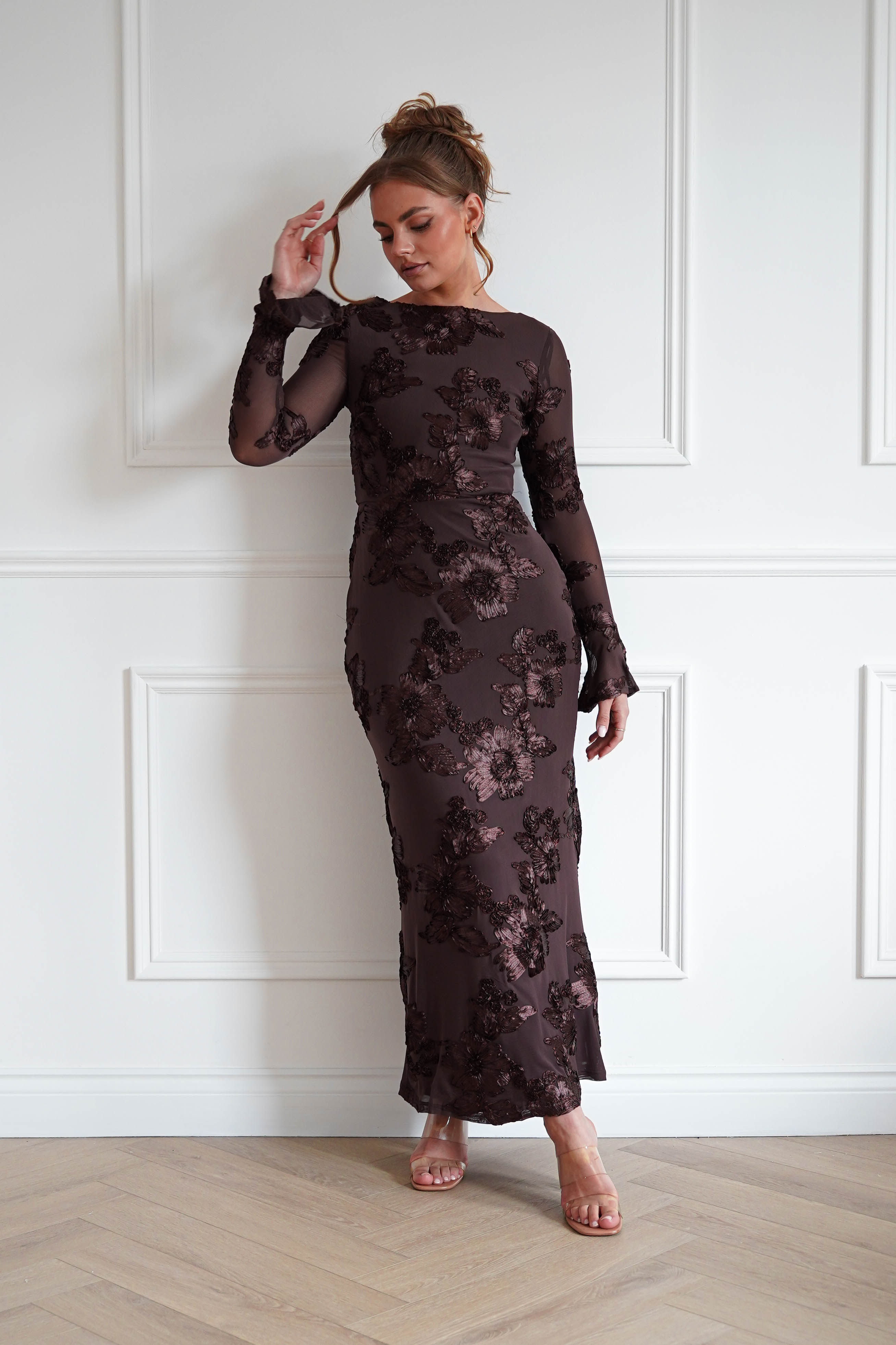 Oh Hello Clothing Women > Clothing > Dresses Amelita Long Sleeve Textured Maxi Dress | Brown