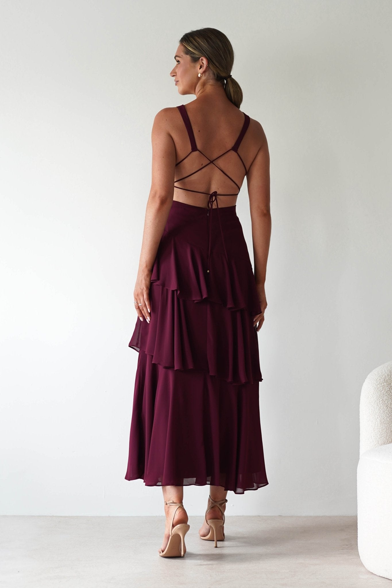 Andalusia Ruffle Maxi Dress Wine | Wedding Guest Dress | Maxi | Oh Hello Clothing