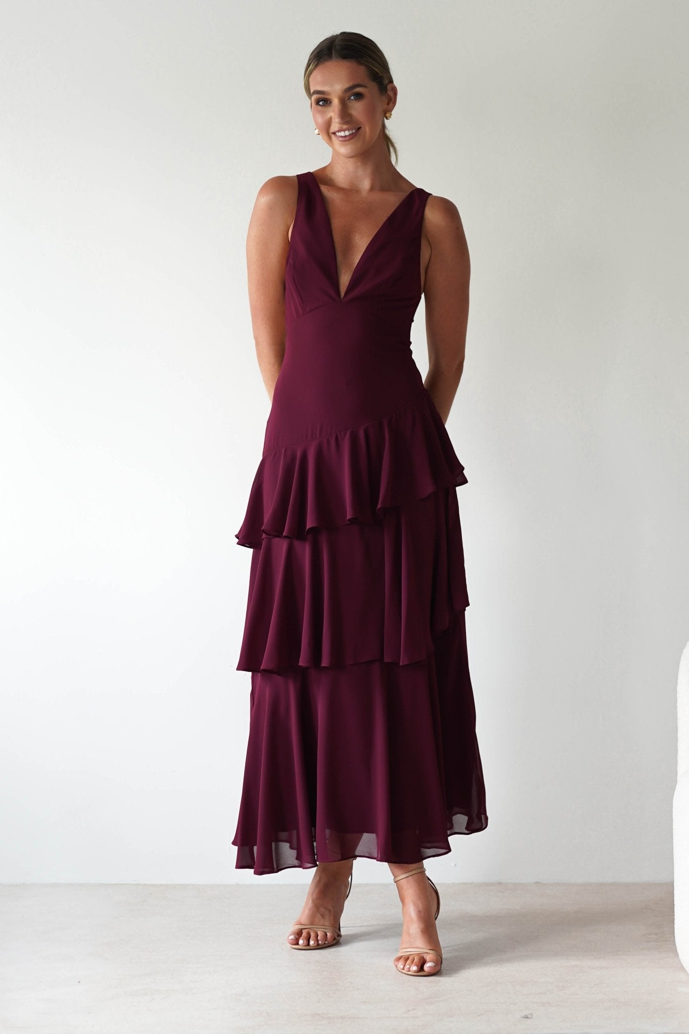 Andalusia Ruffle Maxi Dress Wine | Wedding Guest Dress | Maxi | Oh Hello Clothing
