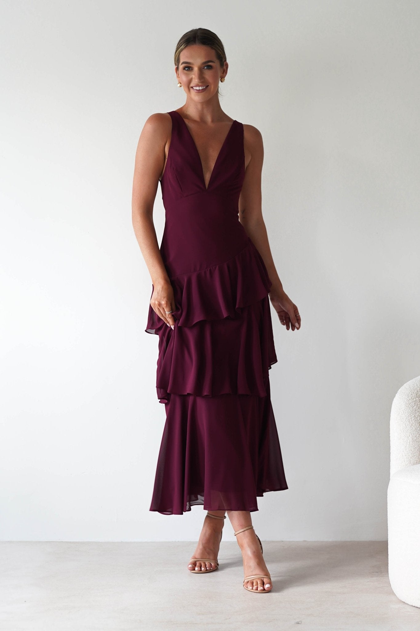 Andalusia Ruffle Maxi Dress Wine | Wedding Guest Dress | Maxi | Oh Hello Clothing