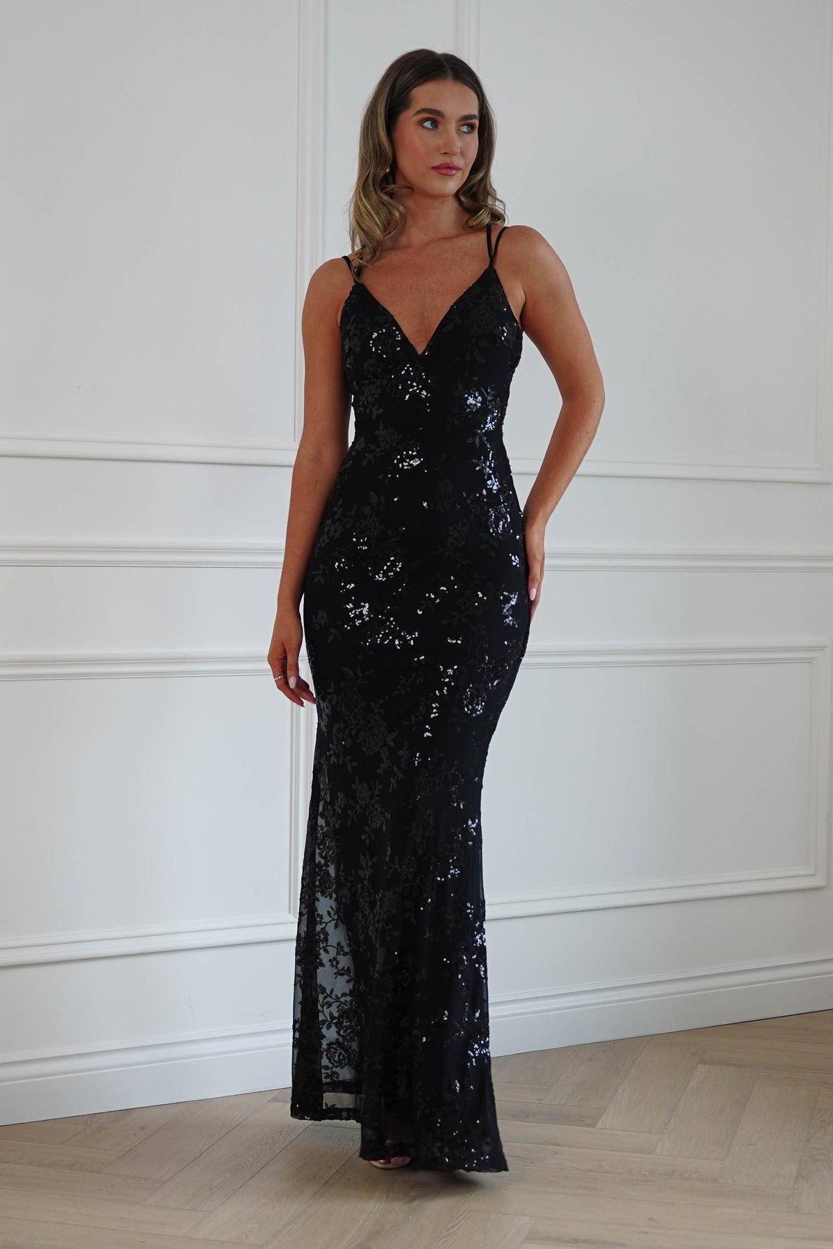 Oh Hello Clothing Dresses > Prom Dresses Andria Floral Sequin Maxi Gown | Black