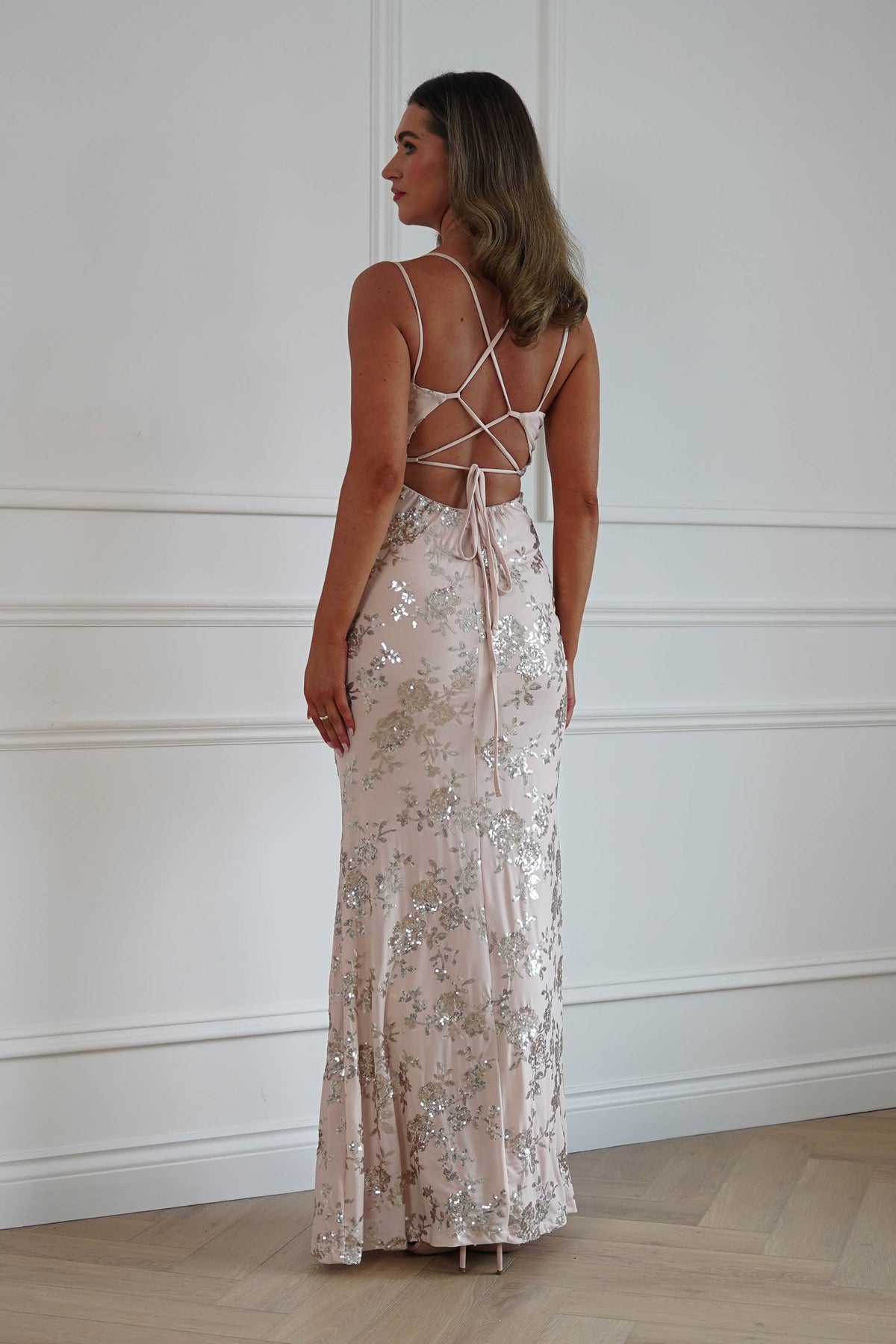 Oh Hello Clothing Dresses > Prom Dresses Andria Floral Sequin Maxi Gown | Champagne