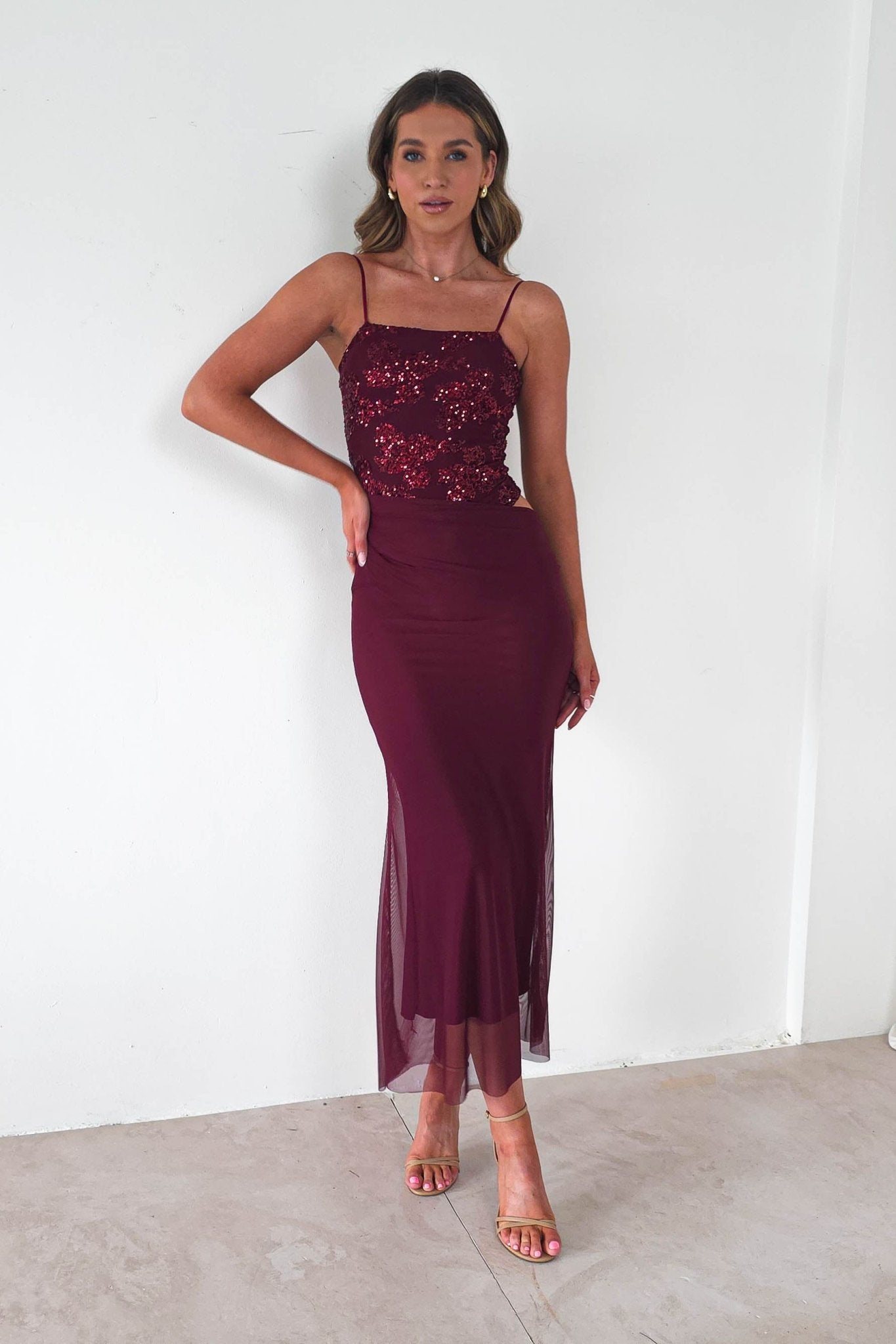 Angela Sequin Mesh Maxi Dress | Wine | Wedding Guest Dress | Oh Hello | Oh Hello Clothing
