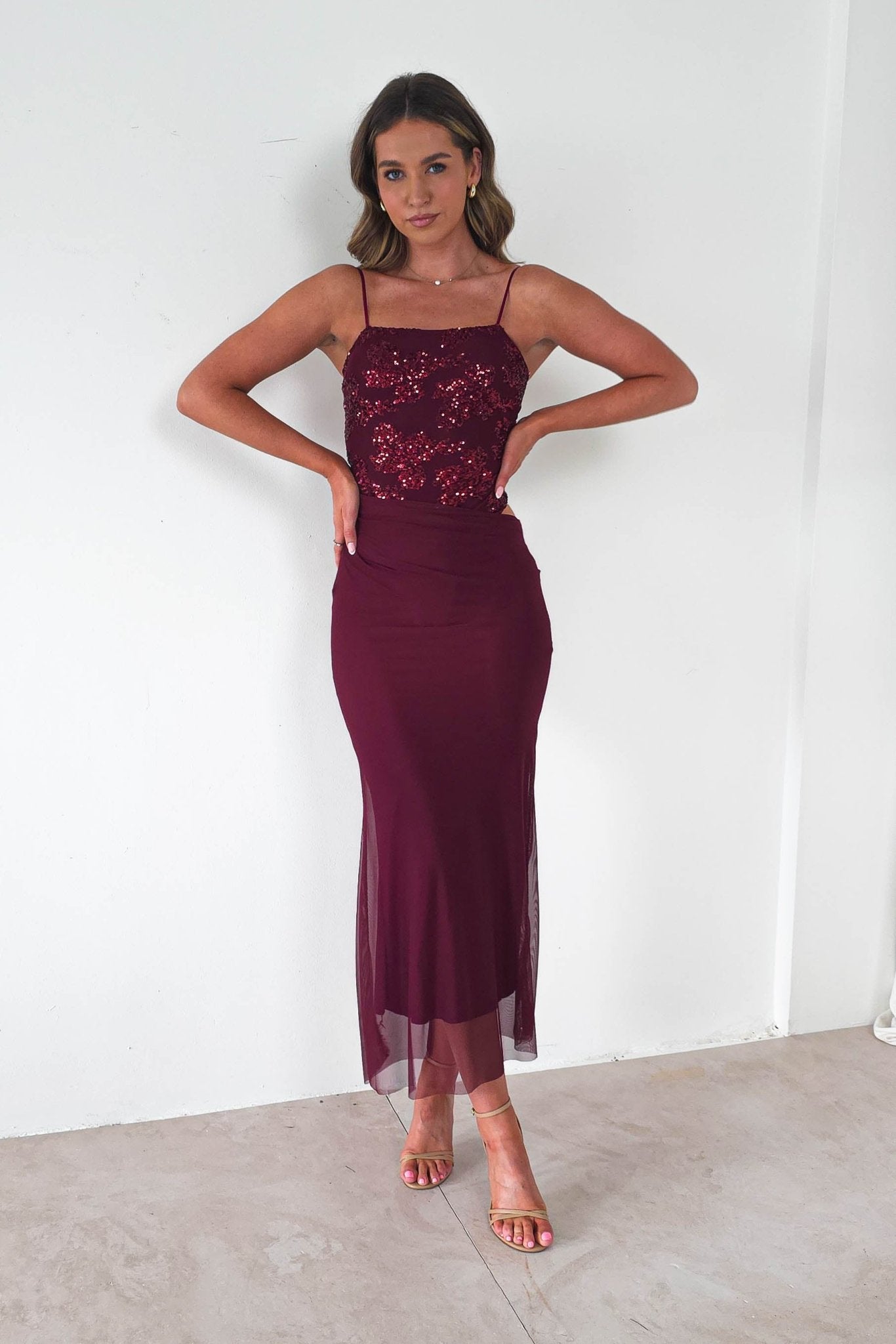 Angela Sequin Mesh Maxi Dress | Wine | Wedding Guest Dress | Oh Hello | Oh Hello Clothing
