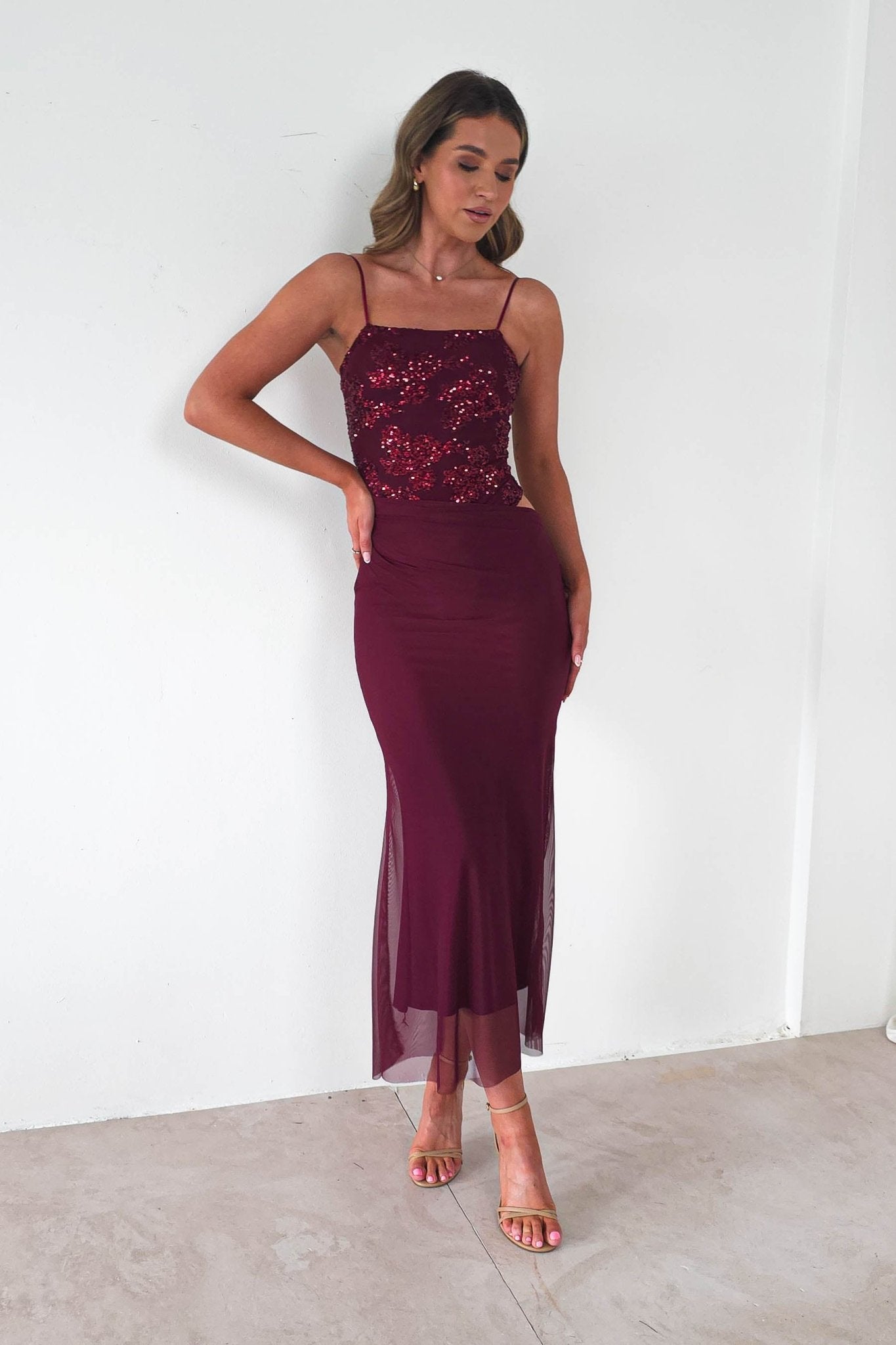 Angela Sequin Mesh Maxi Dress | Wine | Wedding Guest Dress | Oh Hello | Oh Hello Clothing