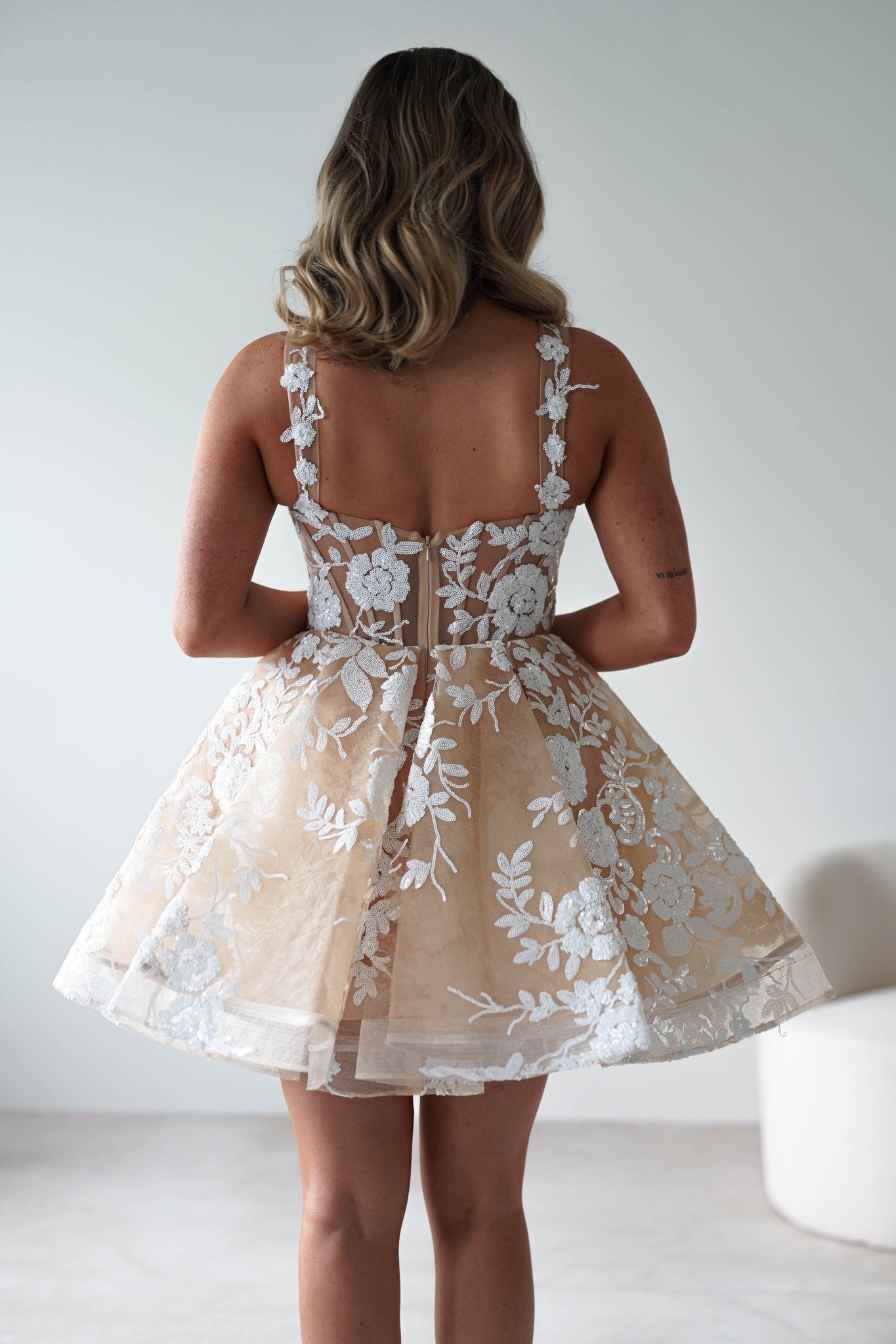 Anziel Mini Skater Dress Floral Embroidery | Nude | Graduation | Bride To Be Hen Dress | Oh Hello Clothing