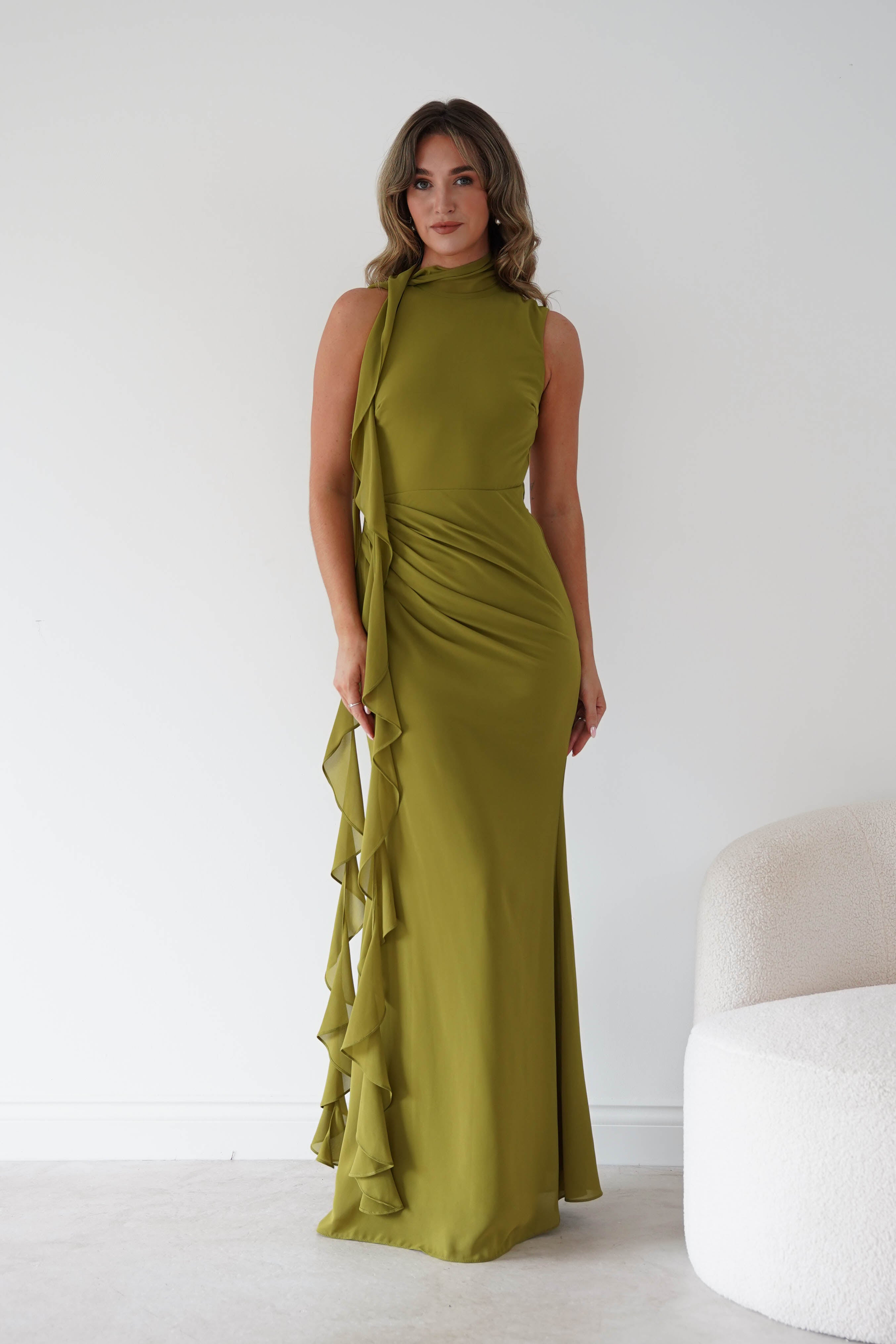 Oh Hello Clothing Women > Clothing > Dresses Aoife Draped Rosette Maxi Dress | Chartreuse Green