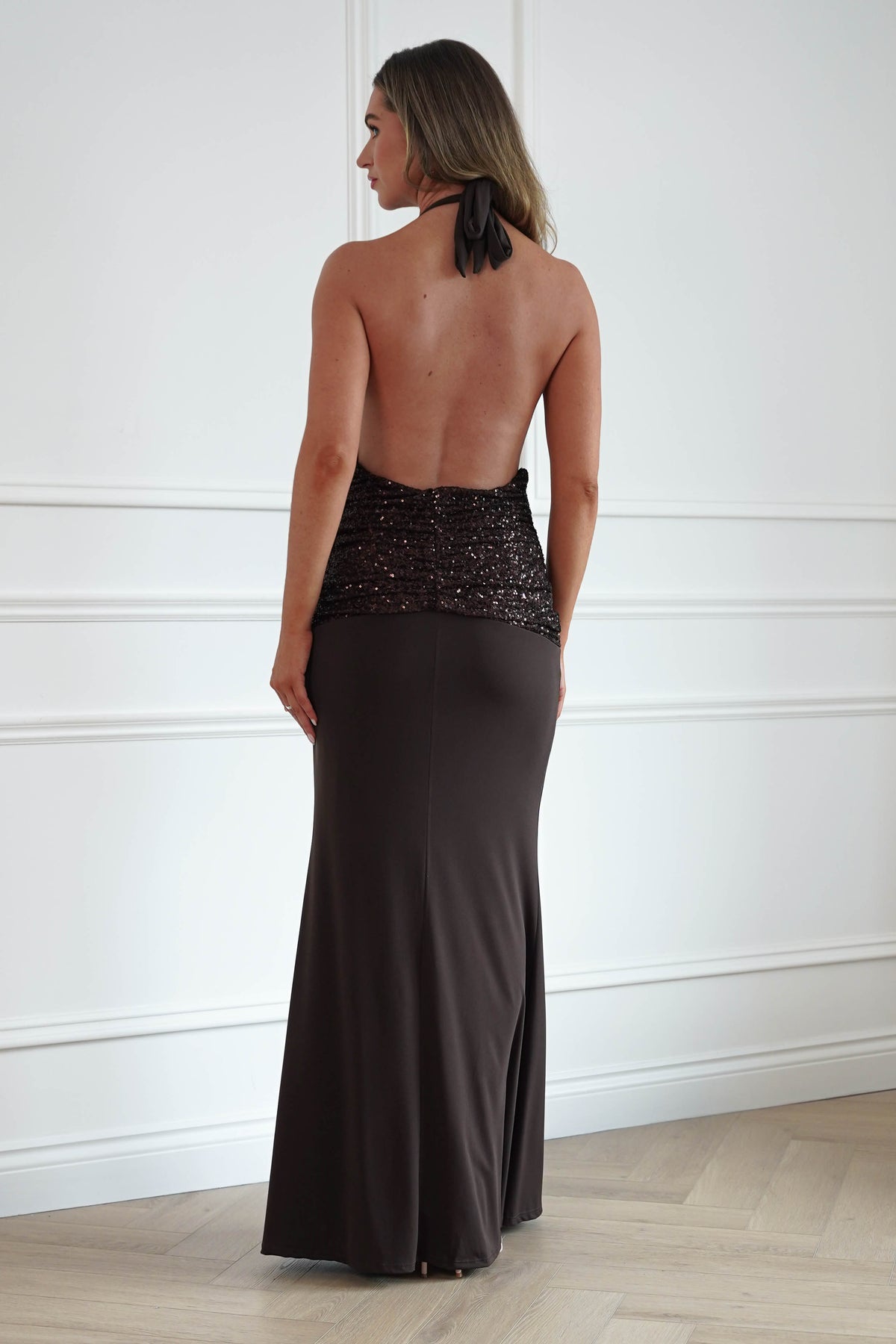 Oh Hello Clothing Women > Clothing > Dresses Aribella Plunge Halternect Sequin Maxi Dress | Brown
