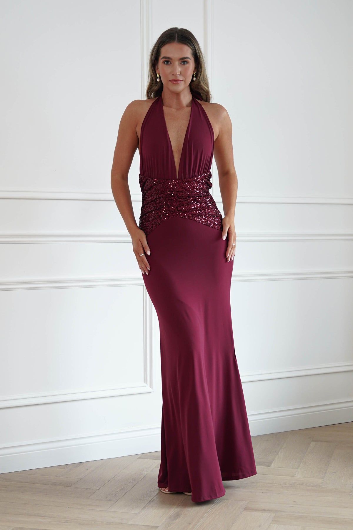 Oh Hello Clothing Women > Clothing > Dresses Aribella Plunge Halternect Sequin Maxi Dress | Burgundy