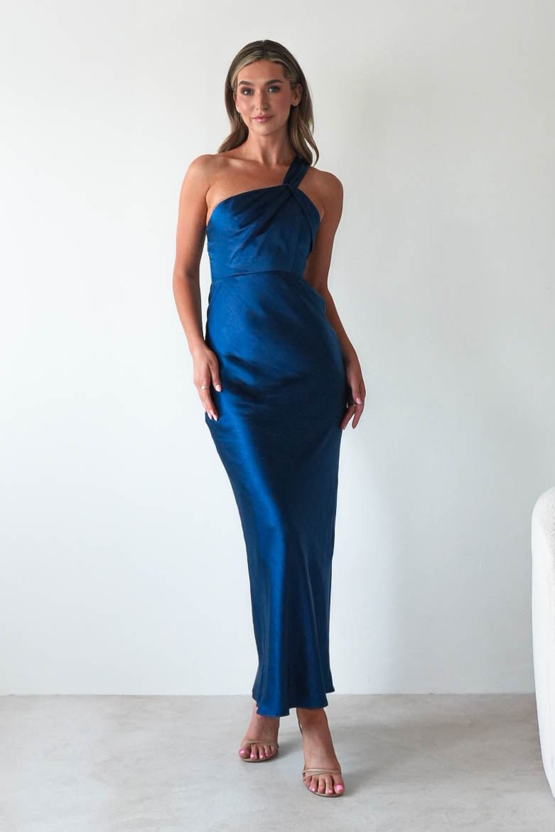 Ashlee Soft Satin One Shoulder Maxi Dress Navy | Wedding Guest Dress | One Shoulder | Maxi | Oh Hello Clothing