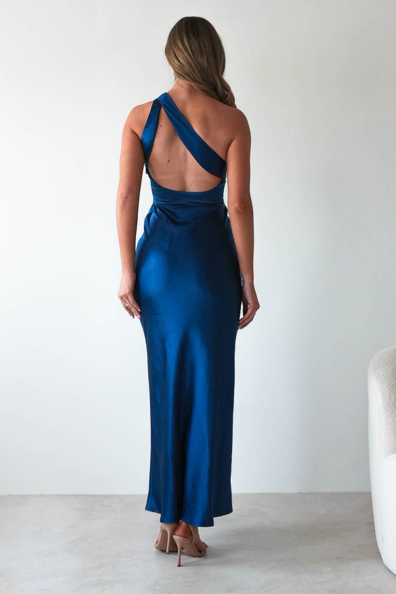 Ashlee Soft Satin One Shoulder Maxi Dress Navy | Wedding Guest Dress | One Shoulder | Maxi | Oh Hello Clothing