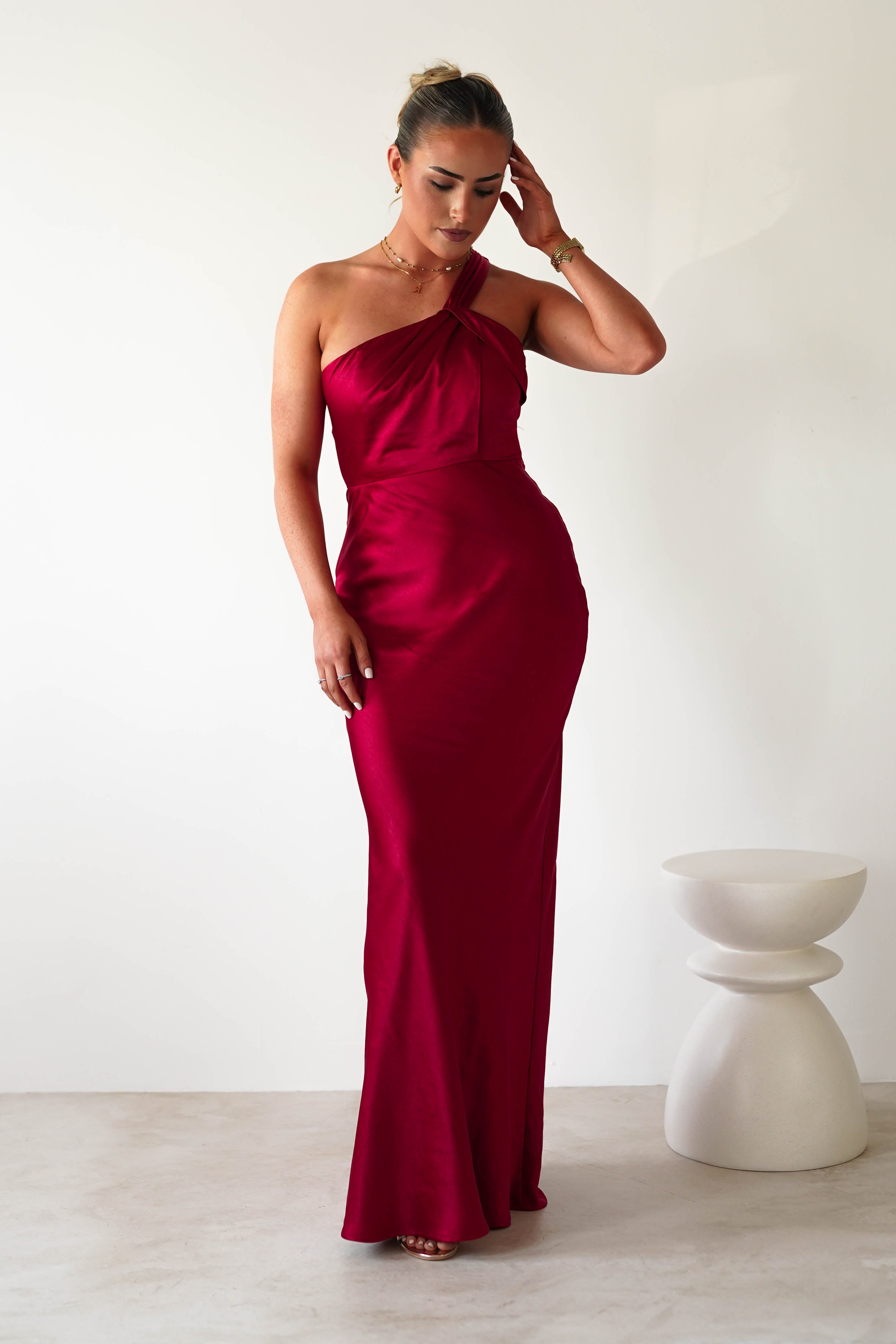 Ashlee Soft Satin One Shoulder Maxi Dress Red | Wedding Guest Dress | One Shoulder | Maxi | Oh Hello Clothing