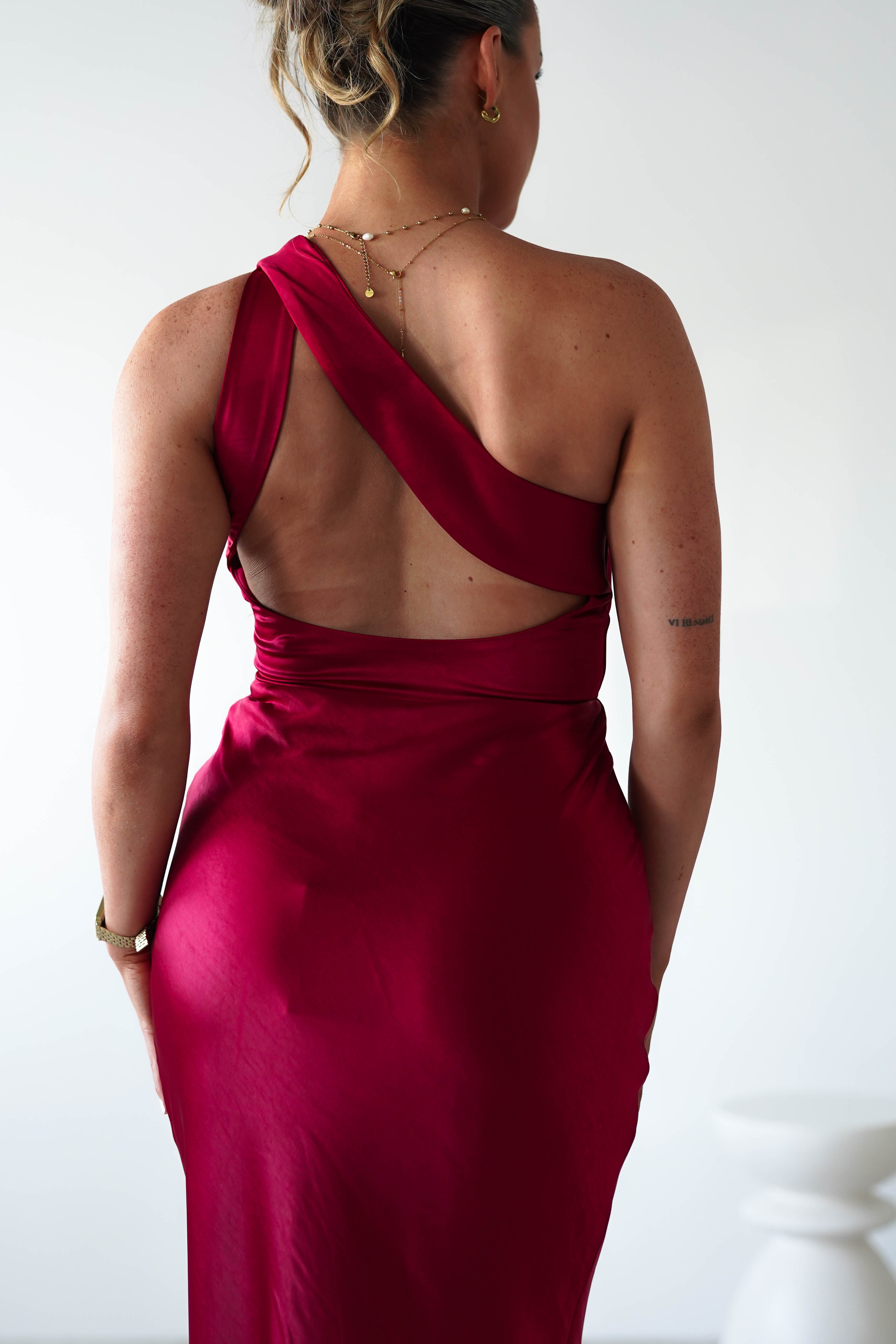 Ashlee Soft Satin One Shoulder Maxi Dress Red | Wedding Guest Dress | One Shoulder | Maxi | Oh Hello Clothing