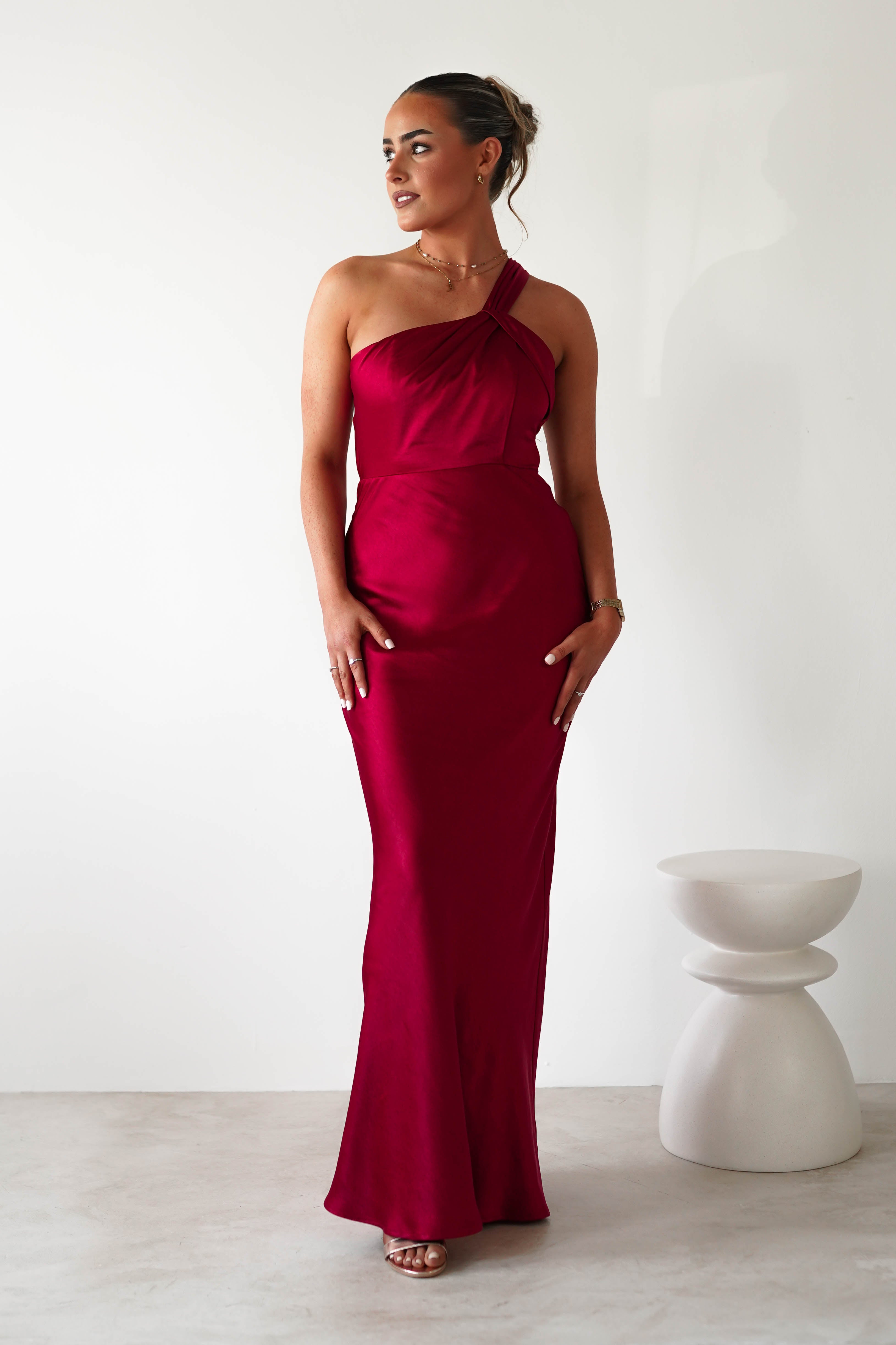 Ashlee Soft Satin One Shoulder Maxi Dress Red | Wedding Guest Dress | One Shoulder | Maxi | Oh Hello Clothing
