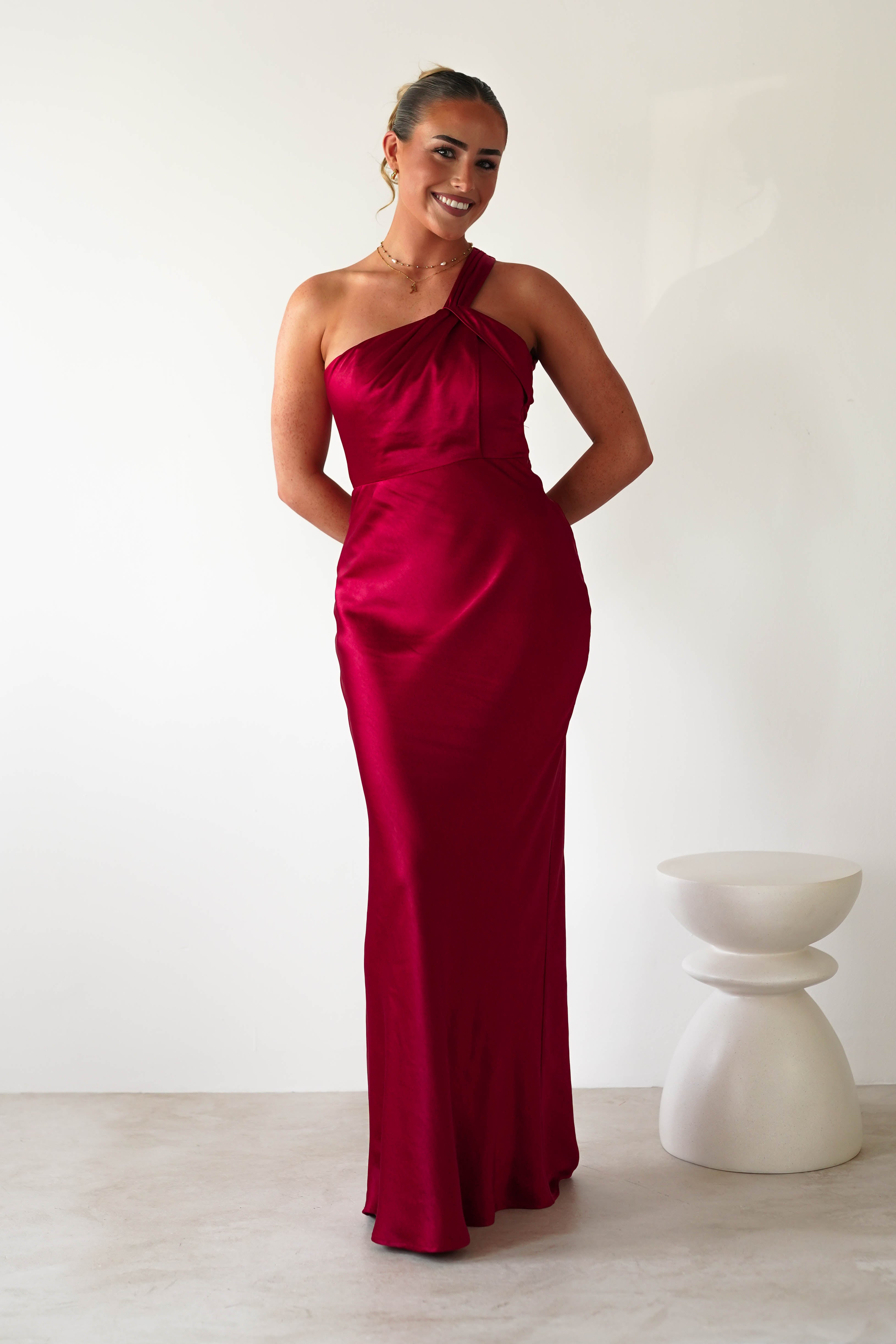 Ashlee Soft Satin One Shoulder Maxi Dress Red | Wedding Guest Dress | One Shoulder | Maxi | Oh Hello Clothing