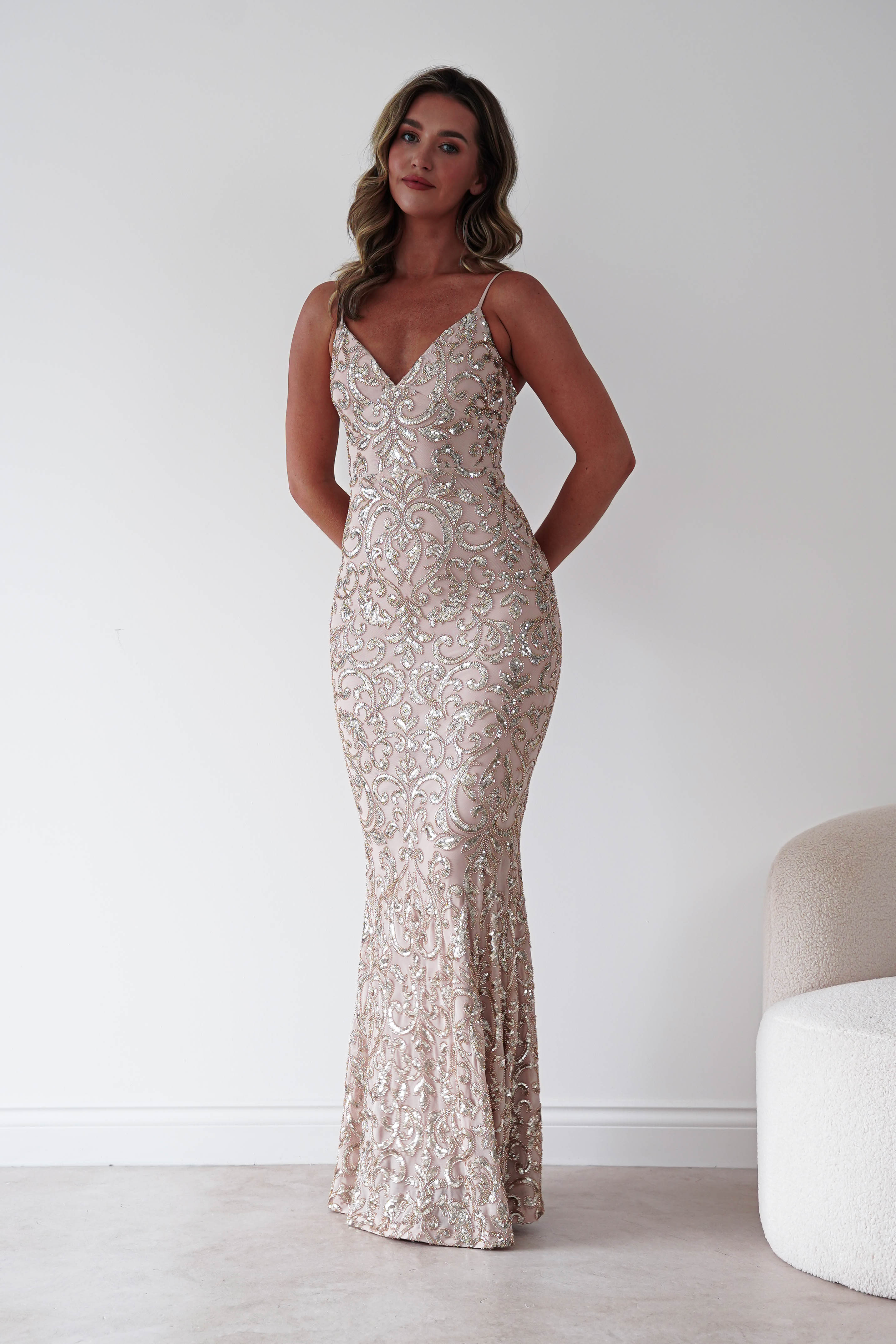 Oh Hello Clothing Dresses > Prom Dresses Aster Iridescent Beaded Embellished Gown | Gold