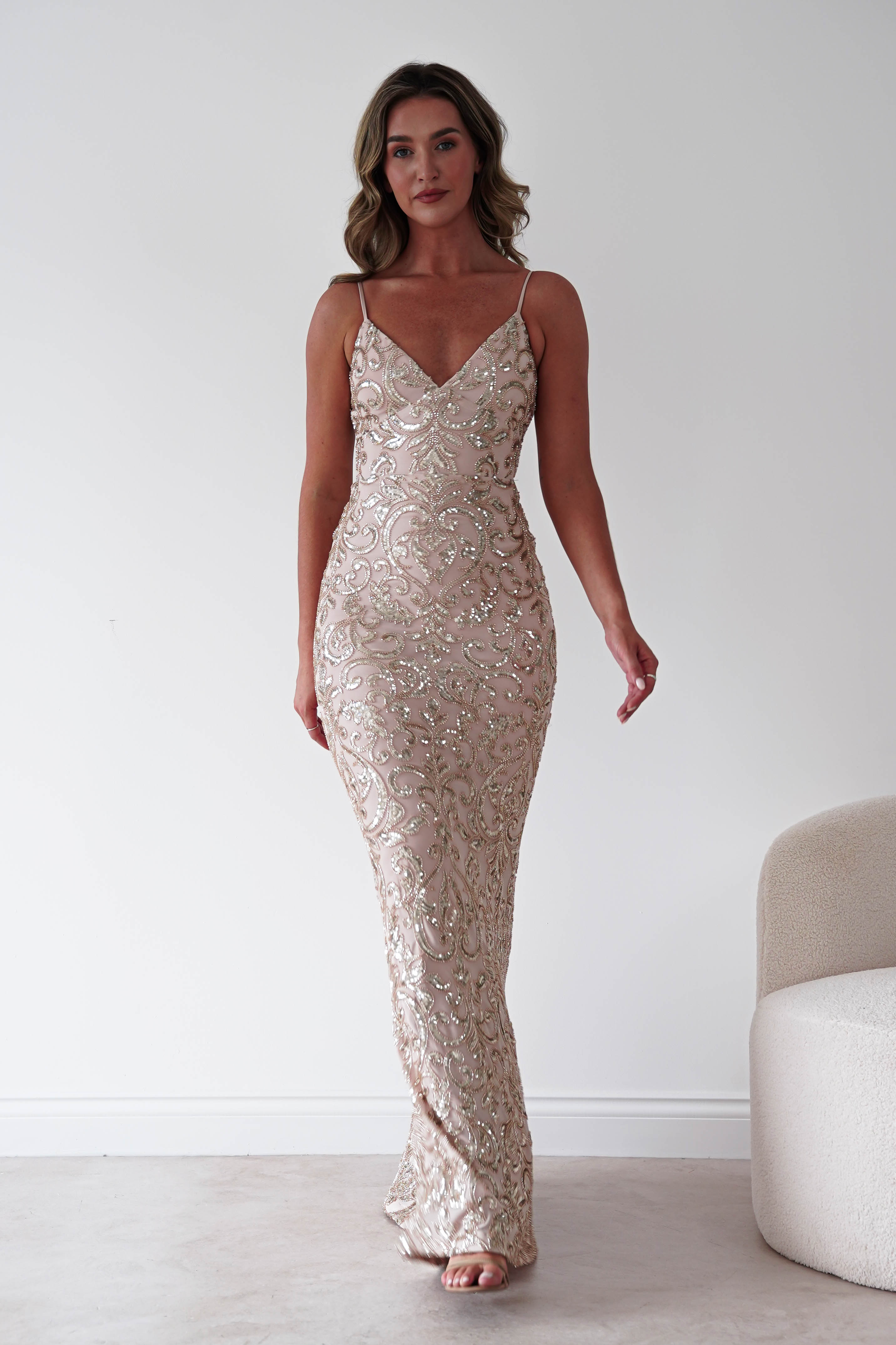Oh Hello Clothing Dresses > Prom Dresses Aster Iridescent Beaded Embellished Gown | Gold