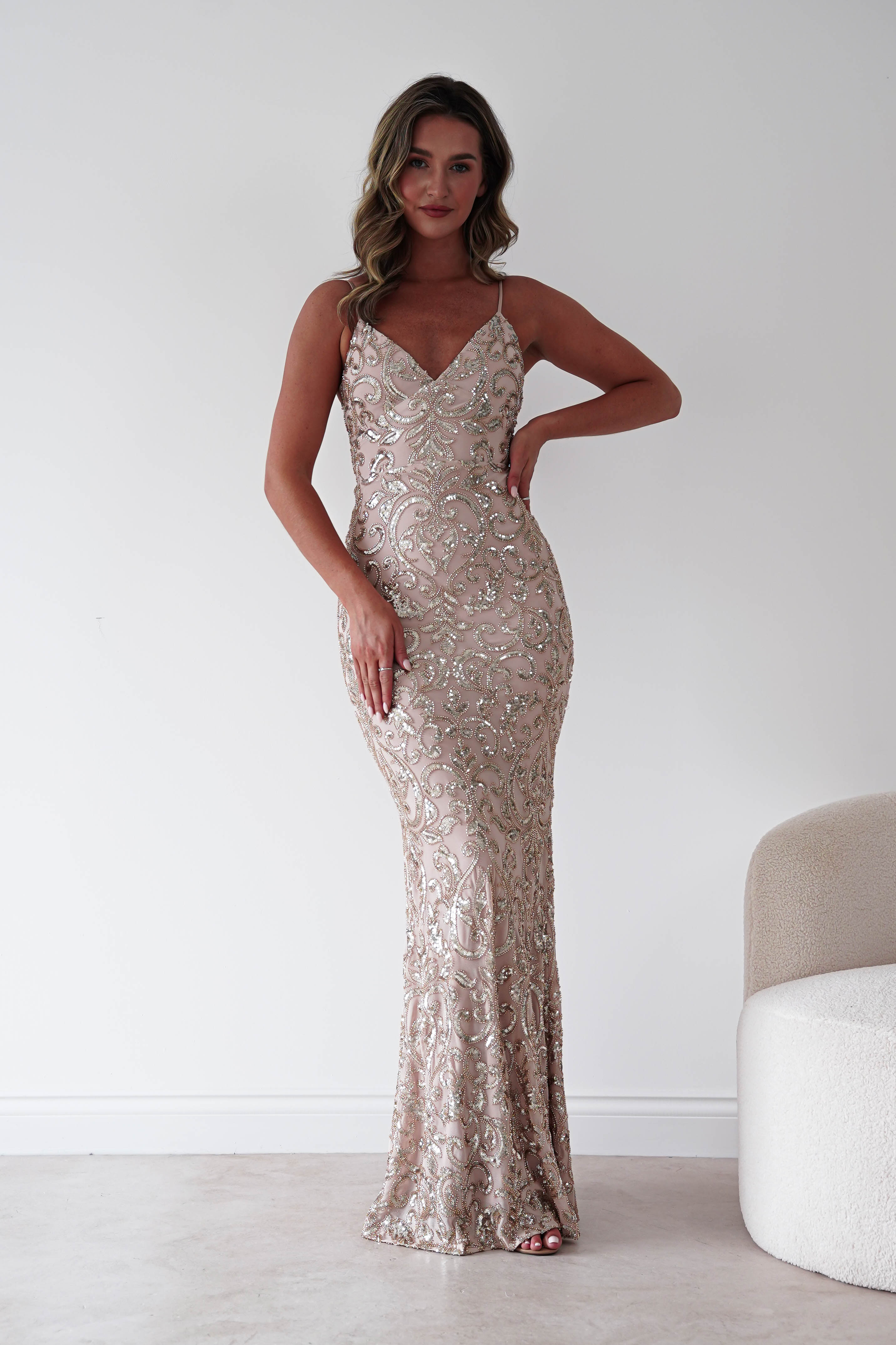 Oh Hello Clothing Dresses > Prom Dresses Aster Iridescent Beaded Embellished Gown | Gold