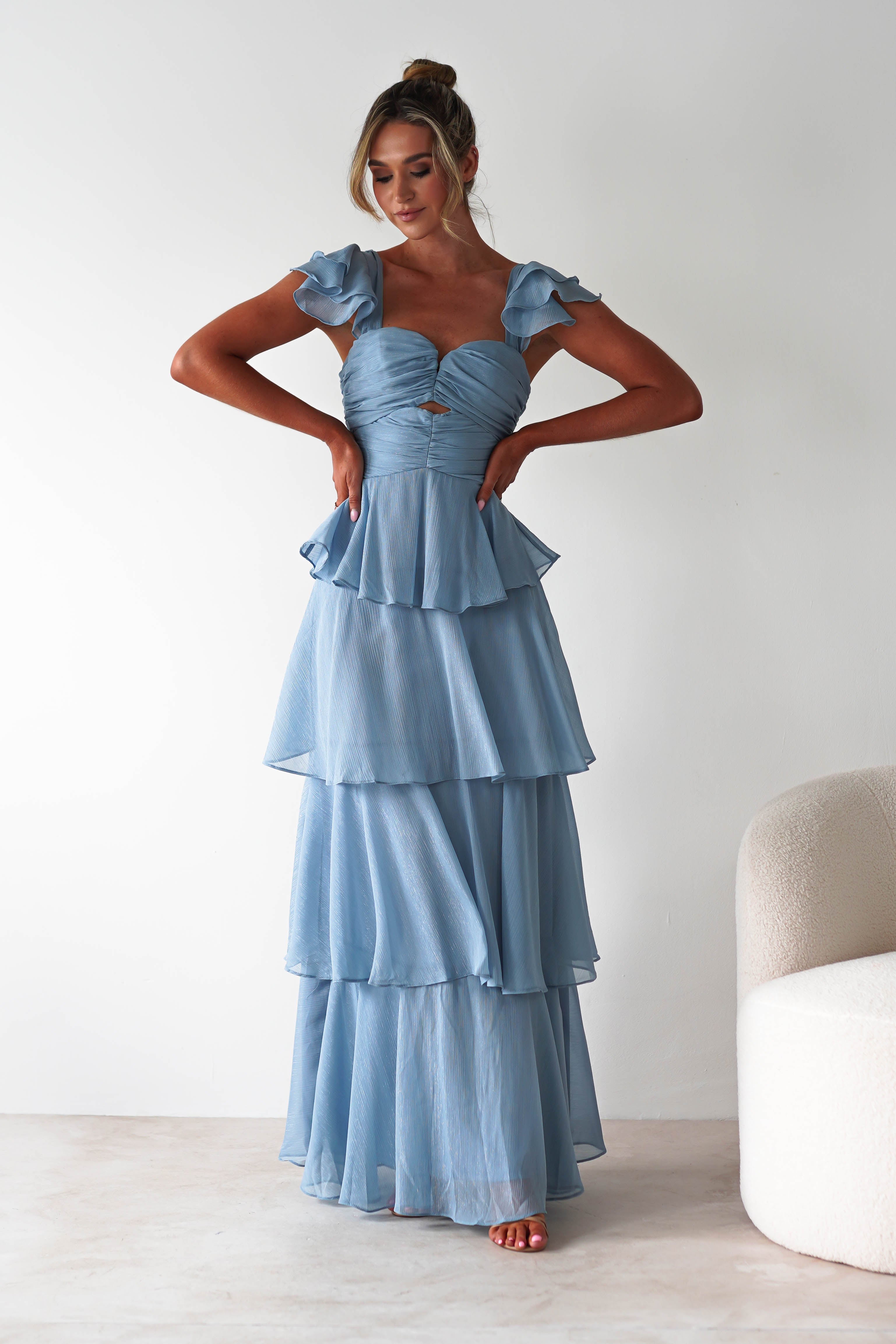 Audette Ruffle Tiered Maxi Dress Blue | Wedding Guest Dress | Maxi | Oh Hello Clothing