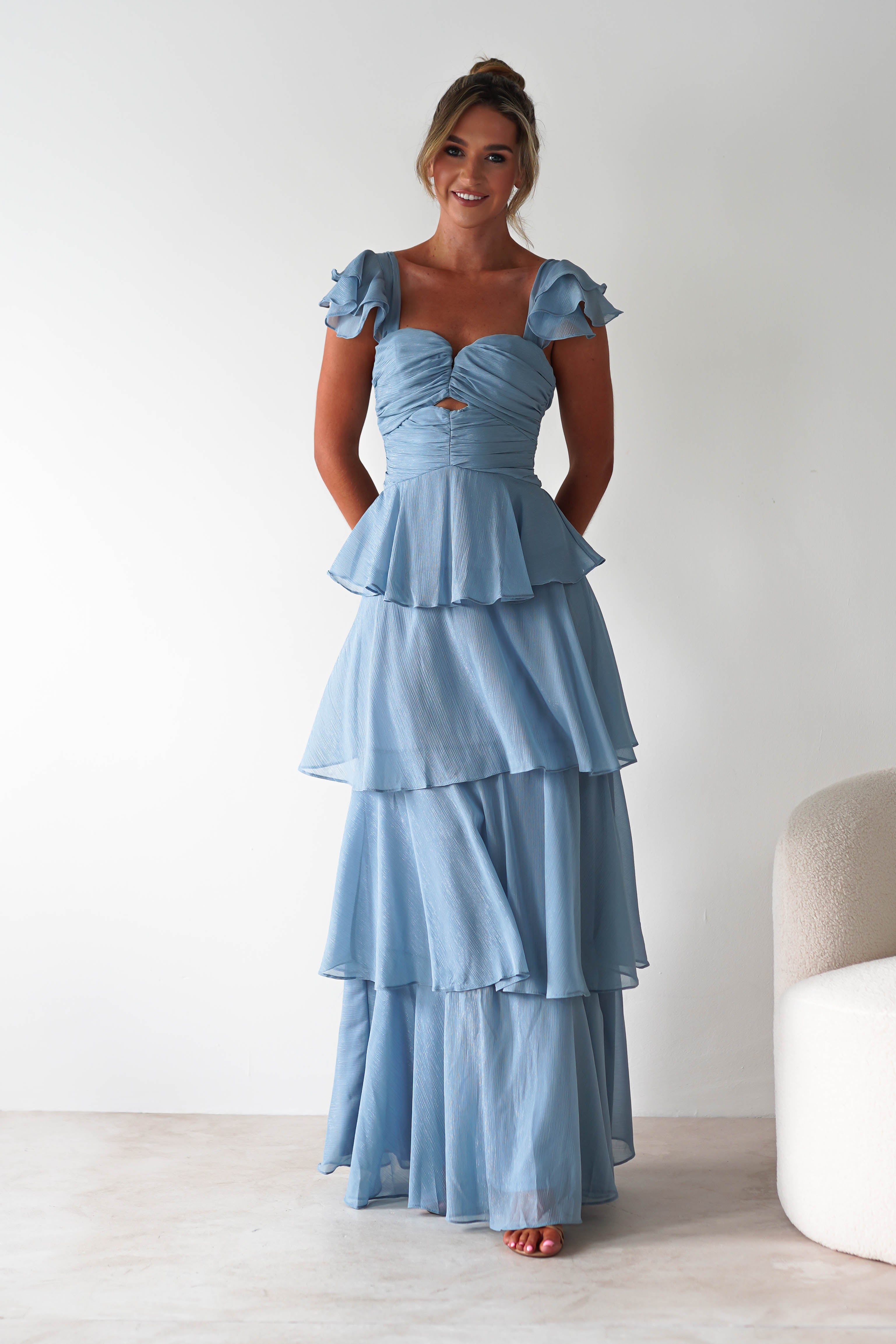 Audette Ruffle Tiered Maxi Dress Blue | Wedding Guest Dress | Maxi | Oh Hello Clothing