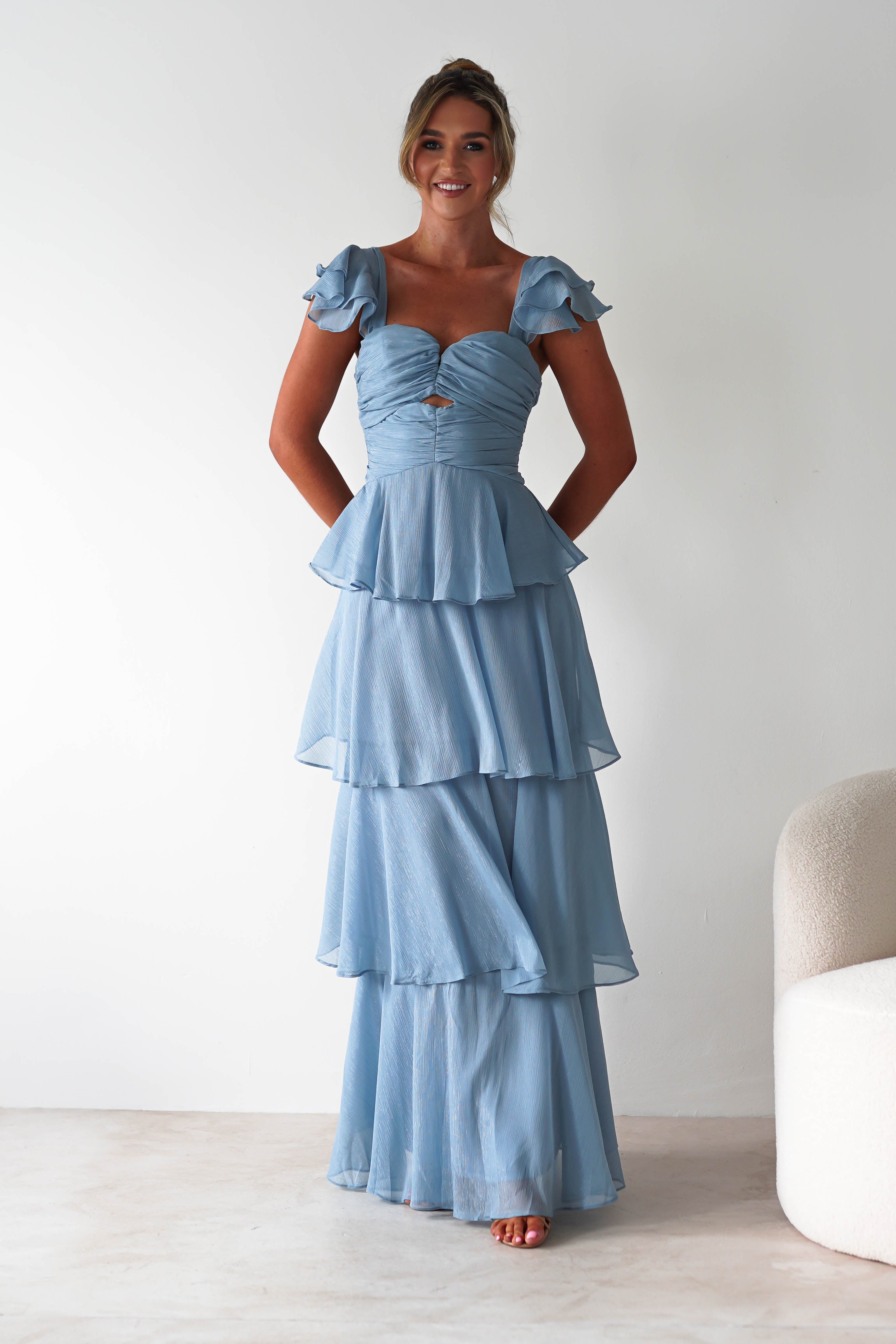 Audette Ruffle Tiered Maxi Dress Blue | Wedding Guest Dress | Maxi | Oh Hello Clothing