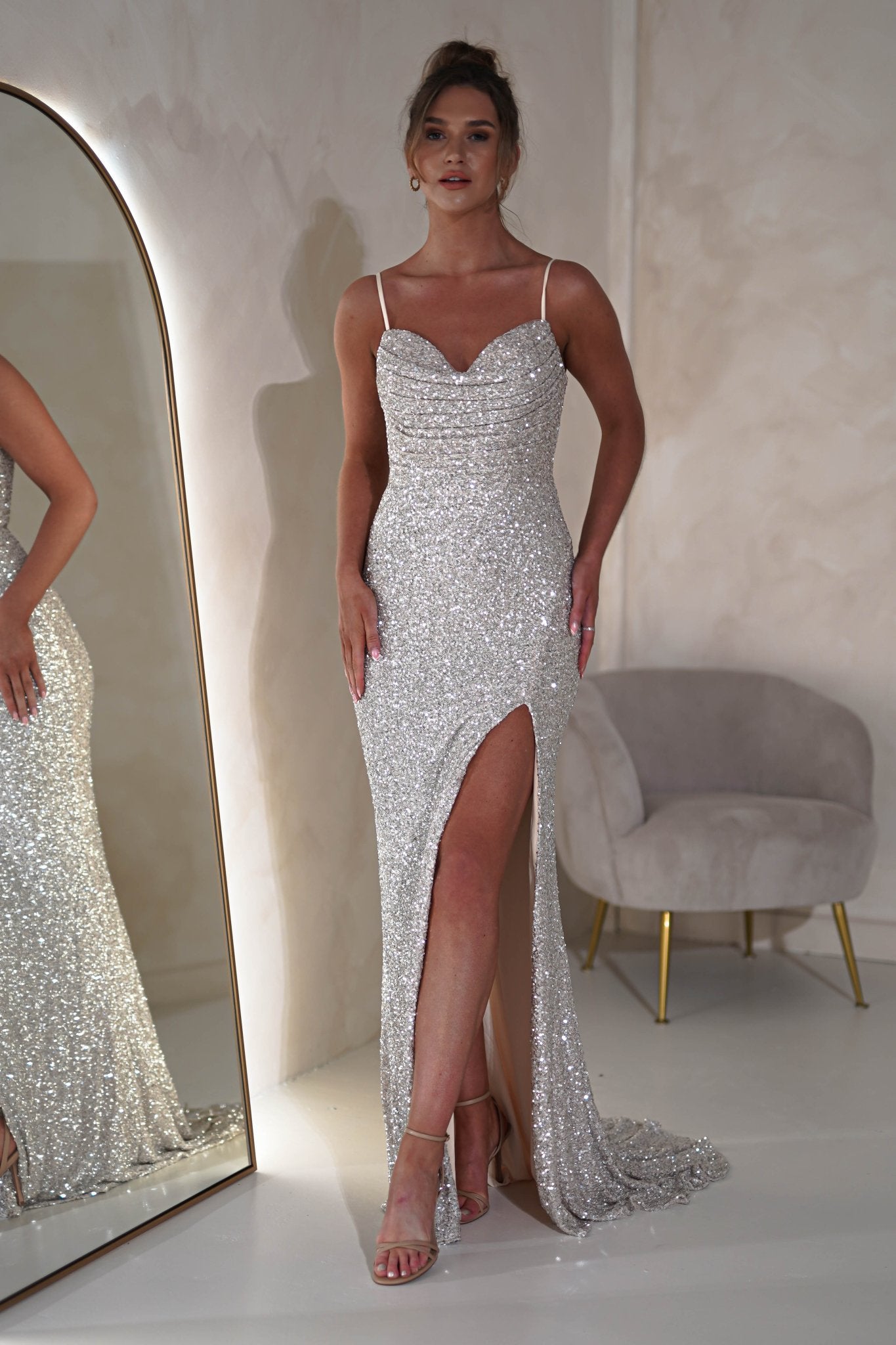 Audrina Bodycon Sequin Gown | Silver/Nude | Graduation | Bride To Be Hen Dress | Oh Hello Clothing