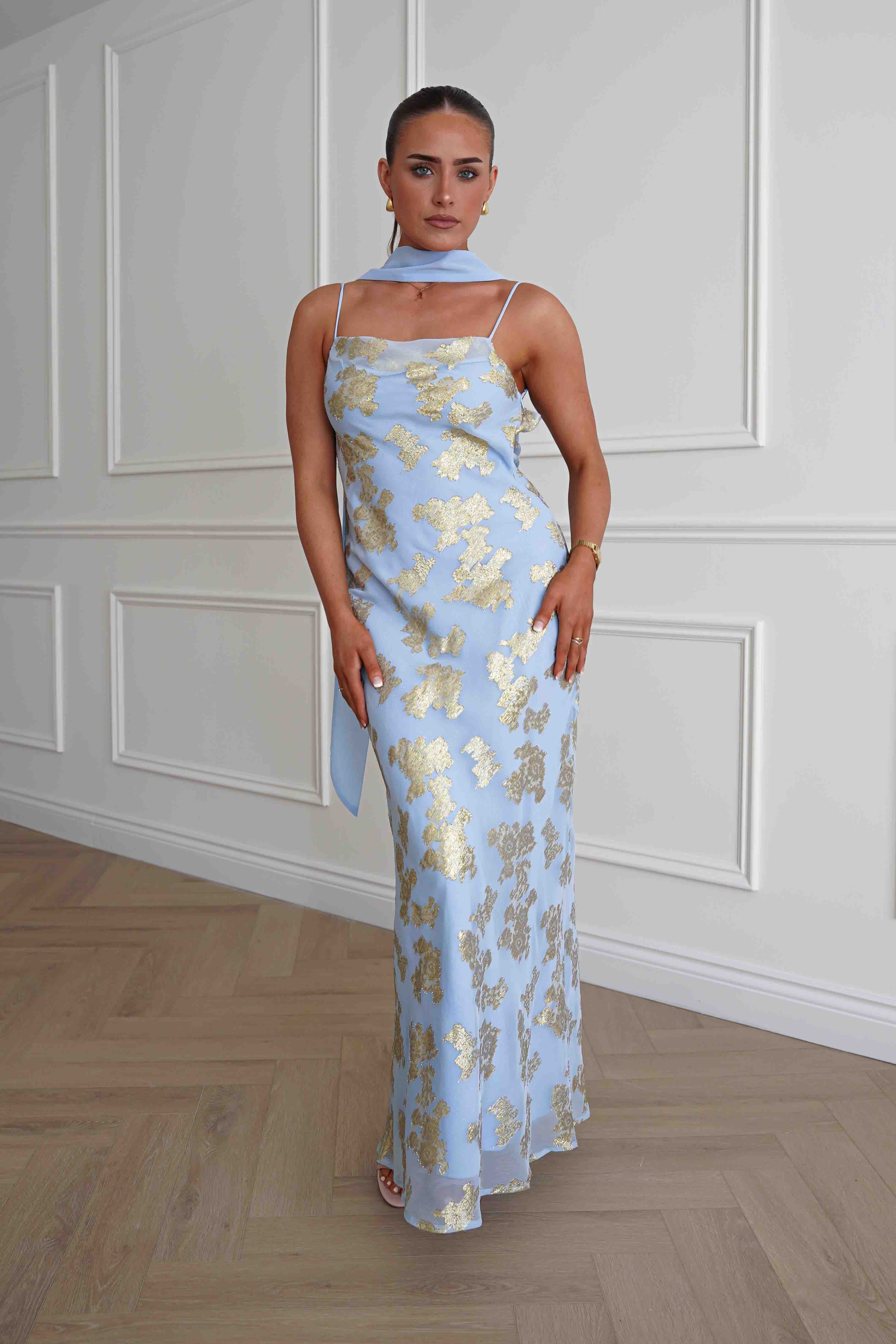 Oh Hello Clothing Women > Clothing > Dresses Auria Gold Textured Floral Applique Maxi Dress | Blue