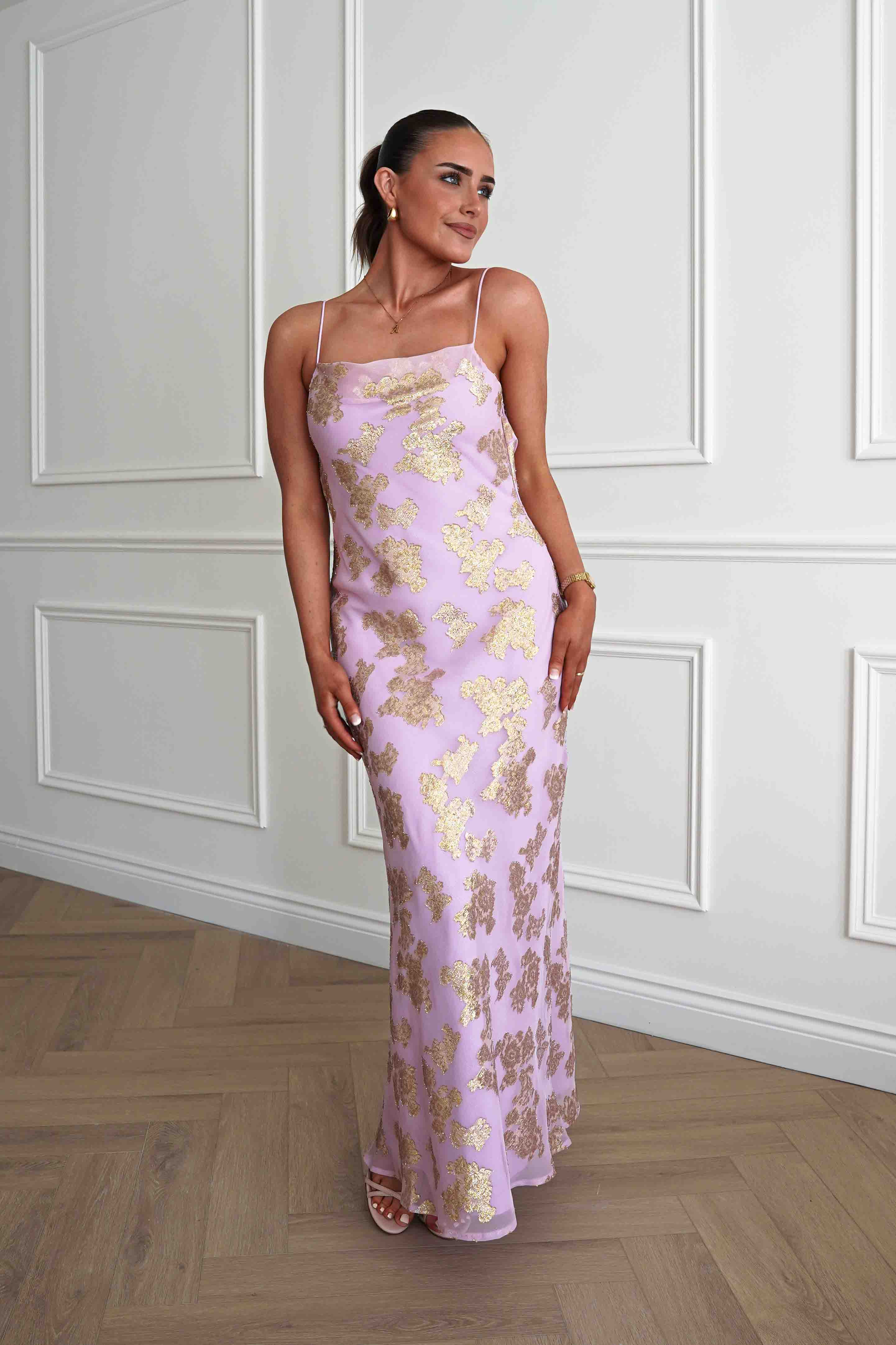 Oh Hello Clothing Women > Clothing > Dresses Auria Gold Textured Floral Applique Maxi Dress | Pink