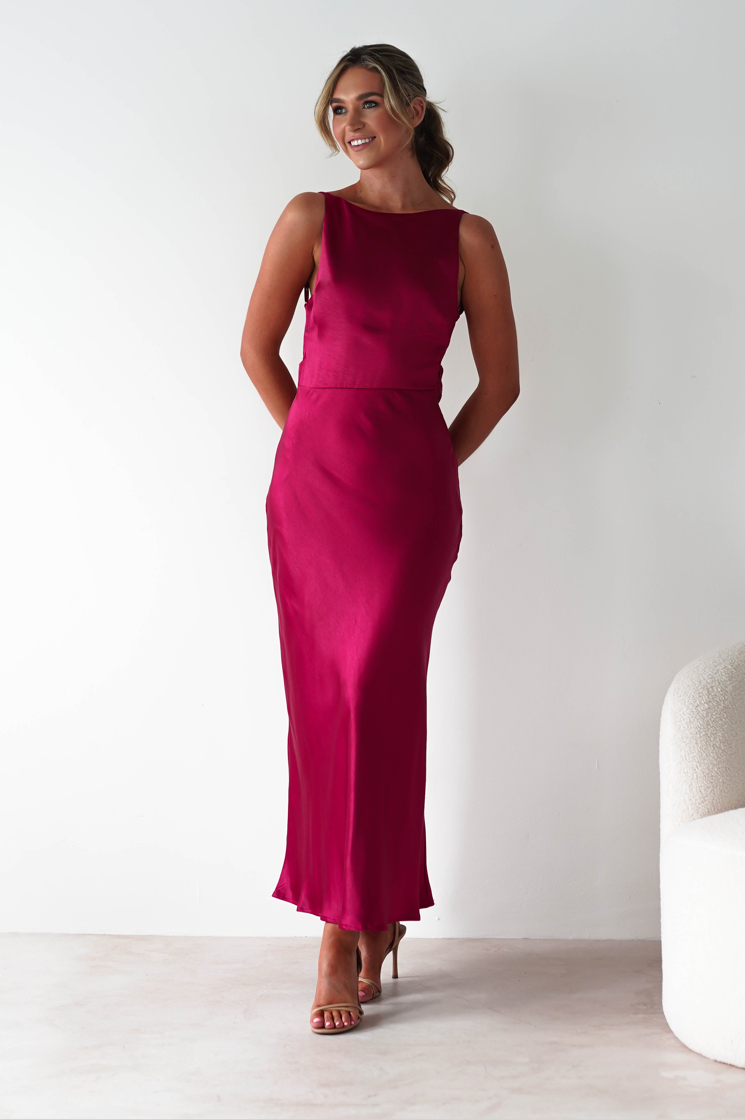 Bayleigh Soft Satin Maxi Dress Berry Red | Wedding Guest Dress | Maxi | Satin | Oh Hello Clothing