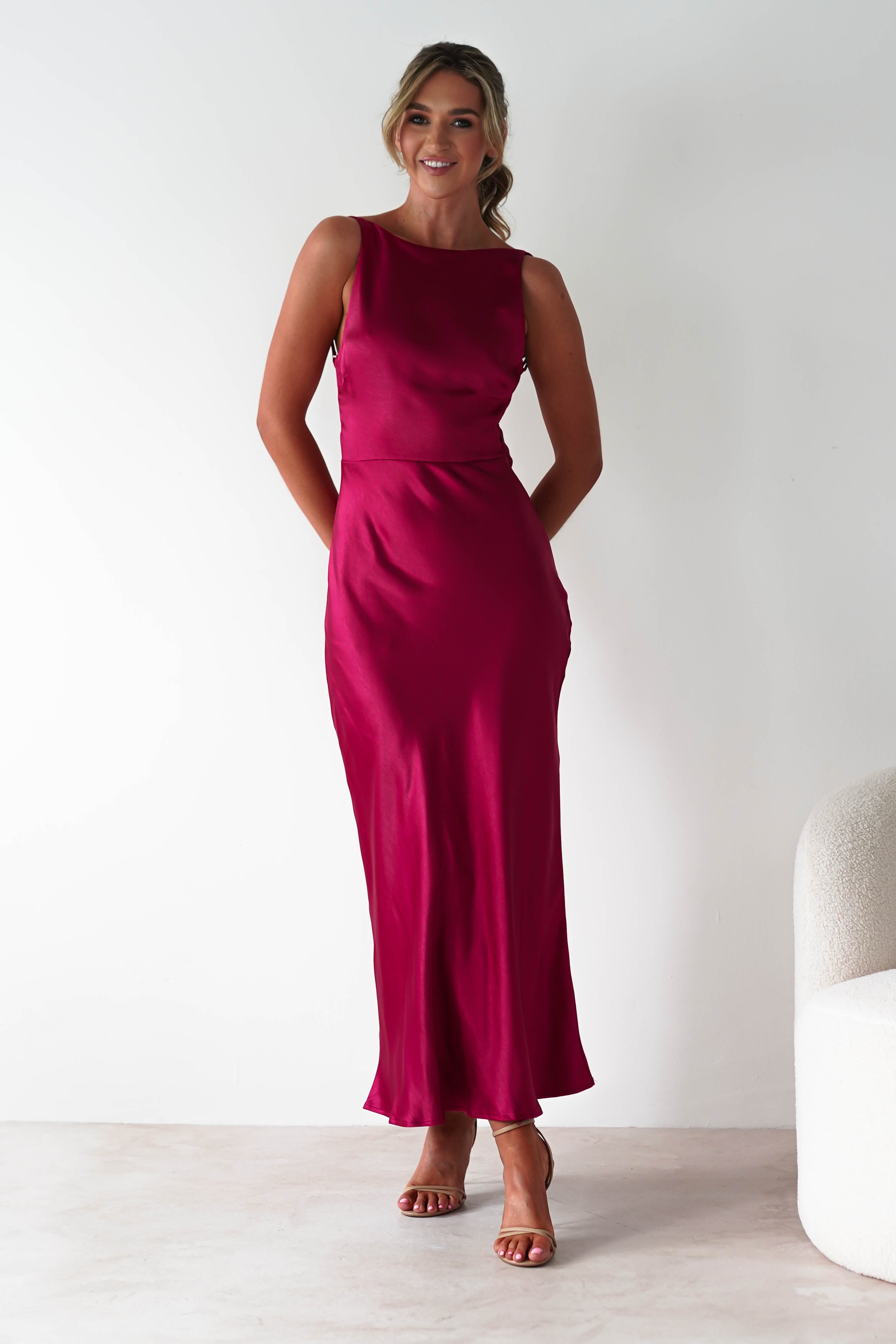 Bayleigh Soft Satin Maxi Dress Berry Red | Wedding Guest Dress | Maxi | Satin | Oh Hello Clothing