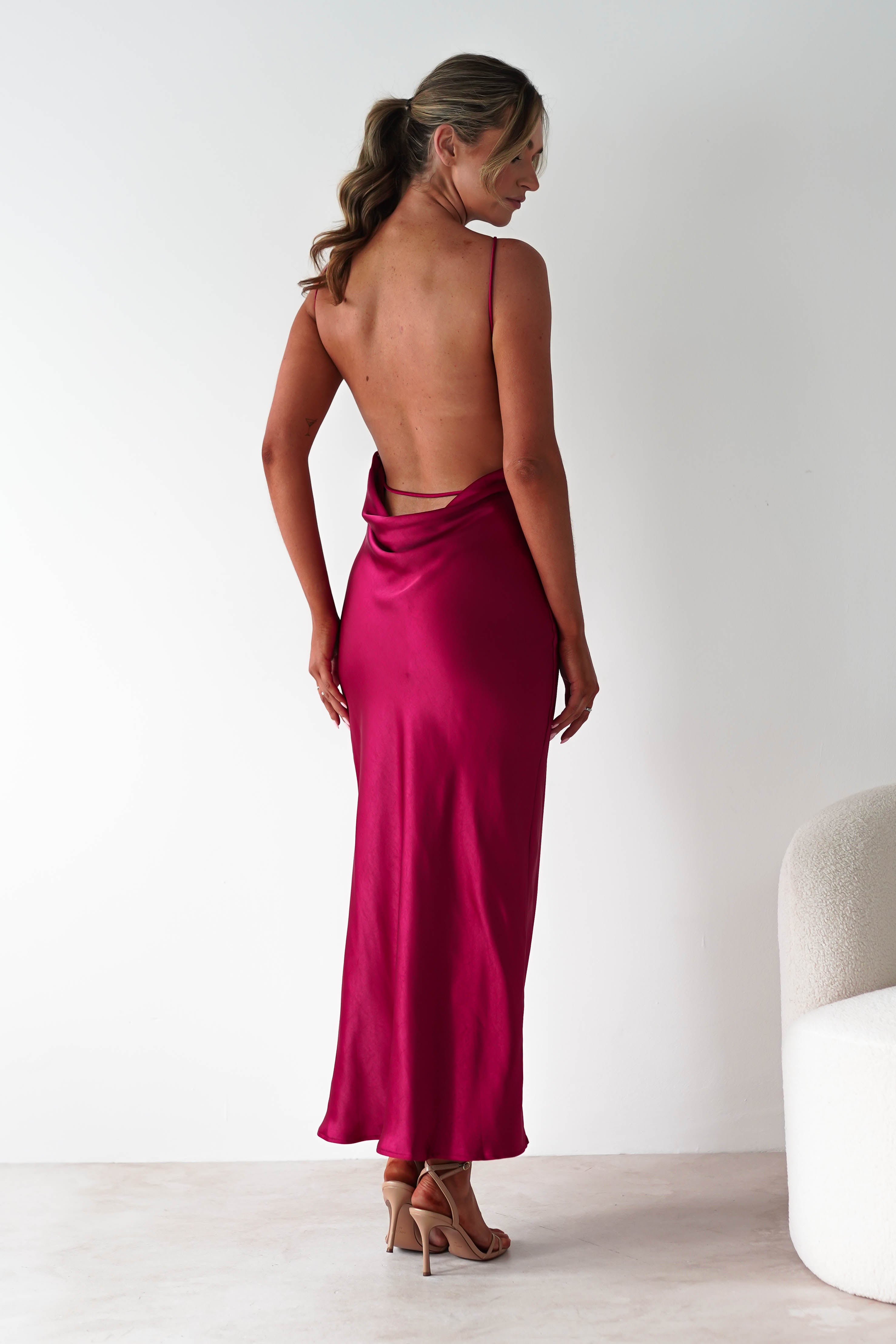 Bayleigh Soft Satin Maxi Dress Berry Red | Wedding Guest Dress | Maxi | Satin | Oh Hello Clothing