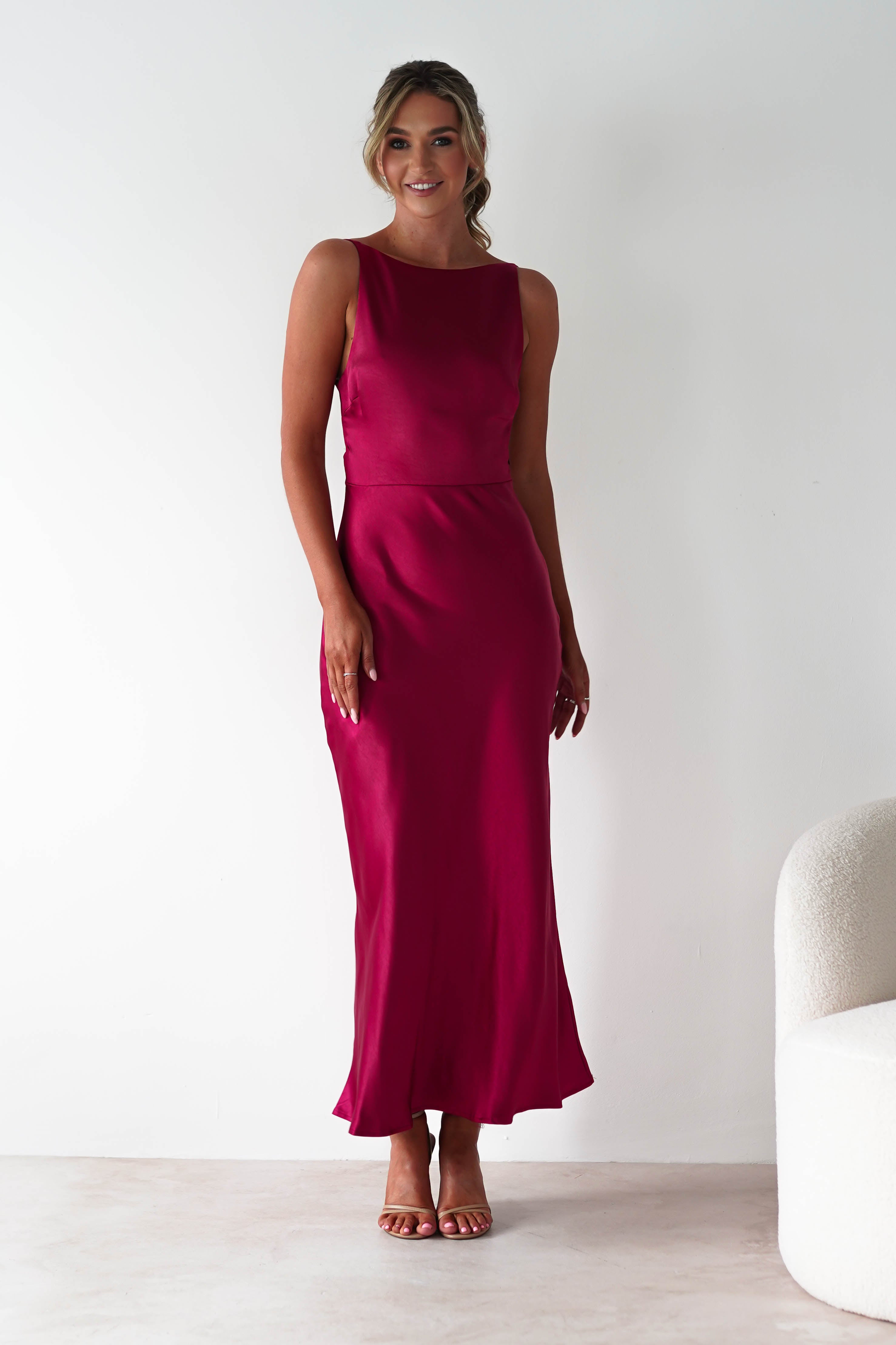 Bayleigh Soft Satin Maxi Dress Berry Red | Wedding Guest Dress | Maxi | Satin | Oh Hello Clothing