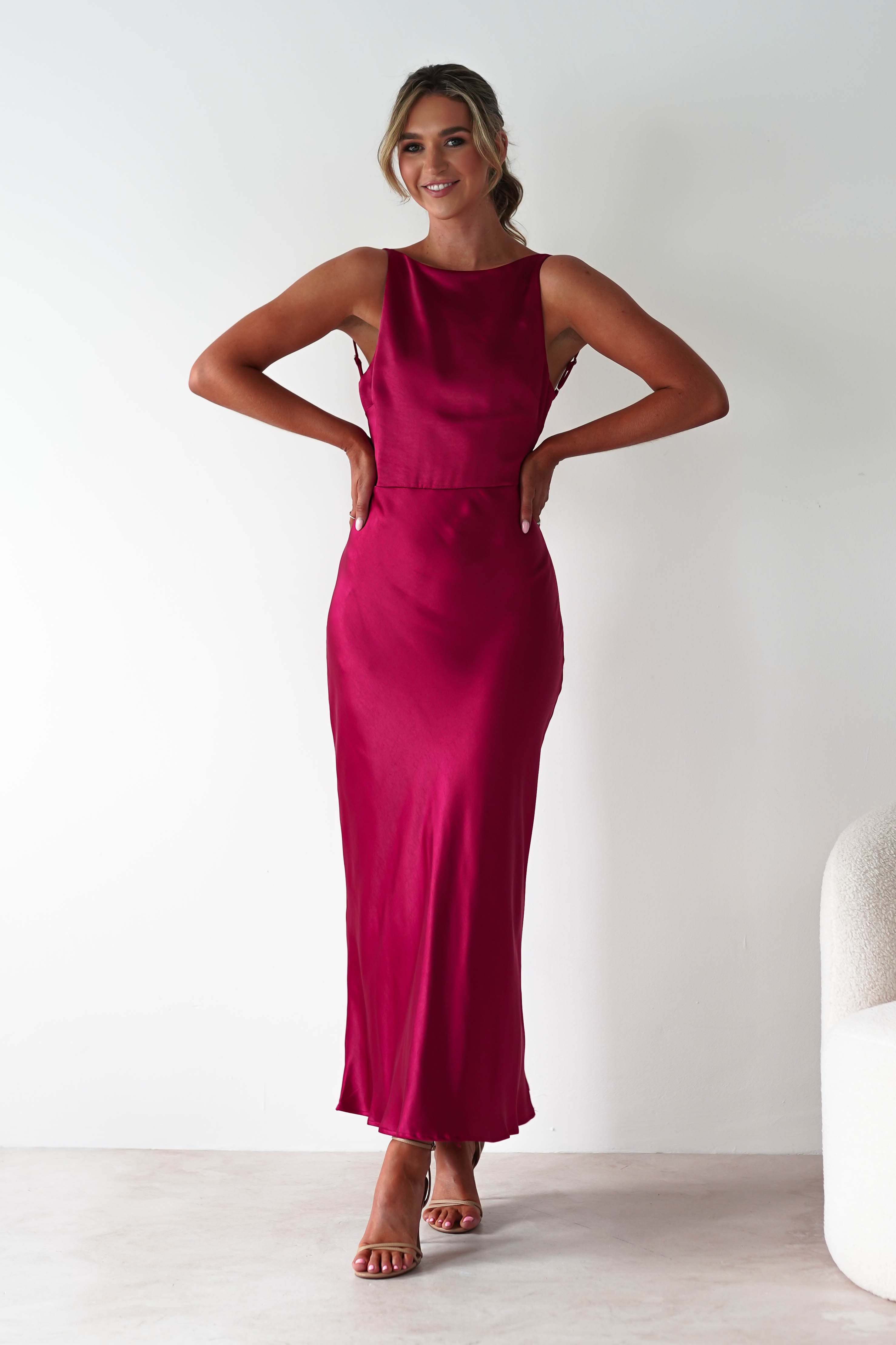 Bayleigh Soft Satin Maxi Dress Berry Red | Wedding Guest Dress | Maxi | Satin | Oh Hello Clothing